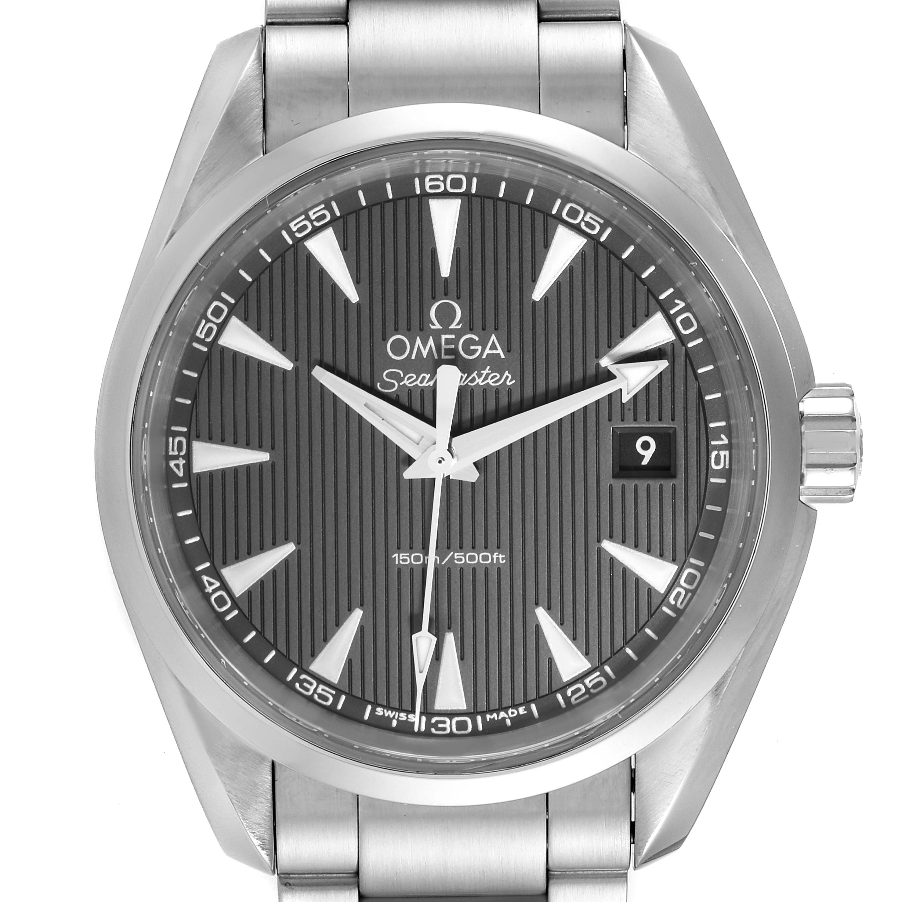 The image shows a front view of the Omega Aqua Terra 231.10.39.60.06.001 Men
s Stainless Steel Grey Dial 231.10.39.60.06.001 Men
s Stainless Steel Grey Dial watch, displaying its dial, hands, date window, and part of the bracelet.