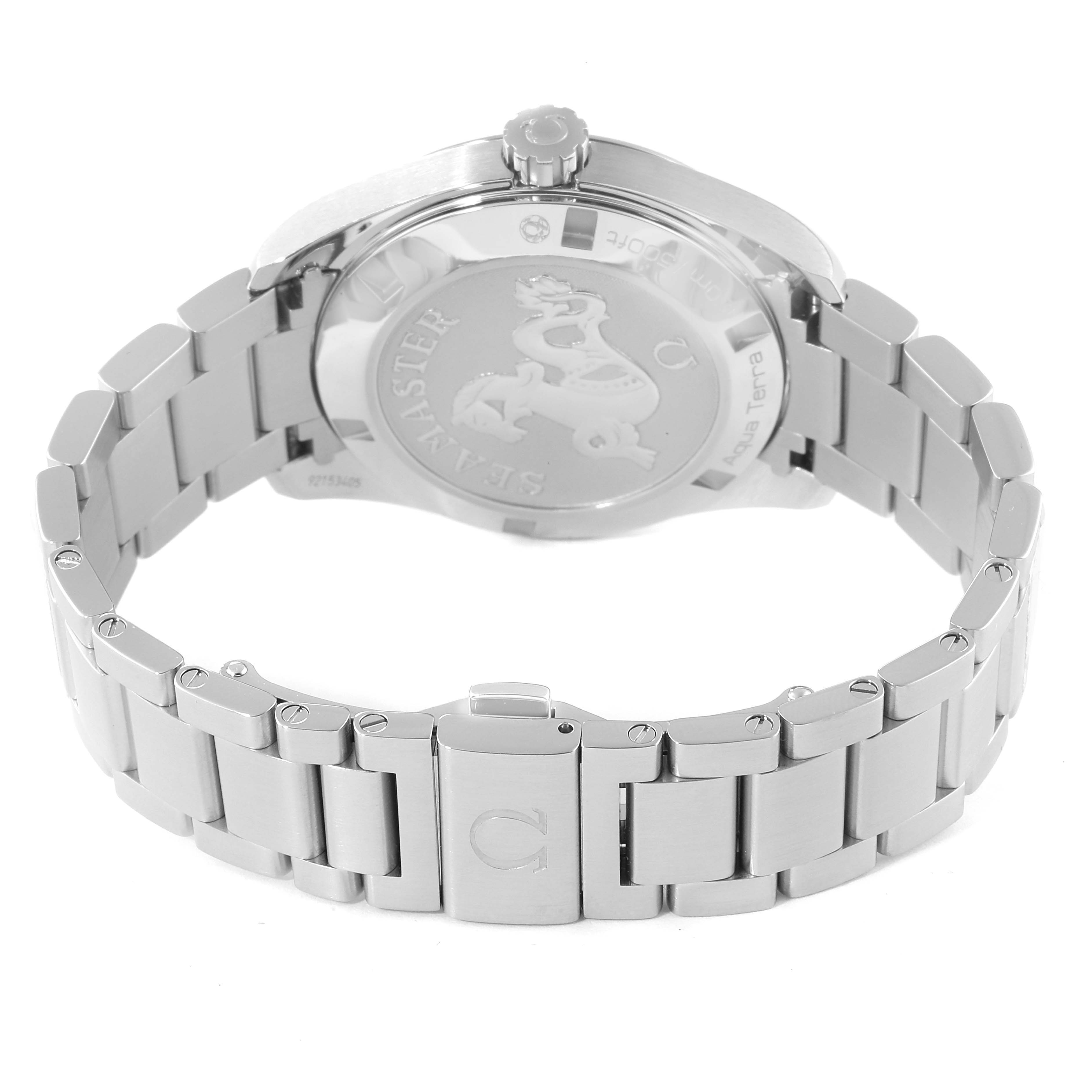 This image shows the back case and bracelet of the Omega Aqua Terra 231.10.39.60.06.001 Men
s Stainless Steel Grey Dial 231.10.39.60.06.001 Men
s Stainless Steel Grey Dial watch from a rear angle.