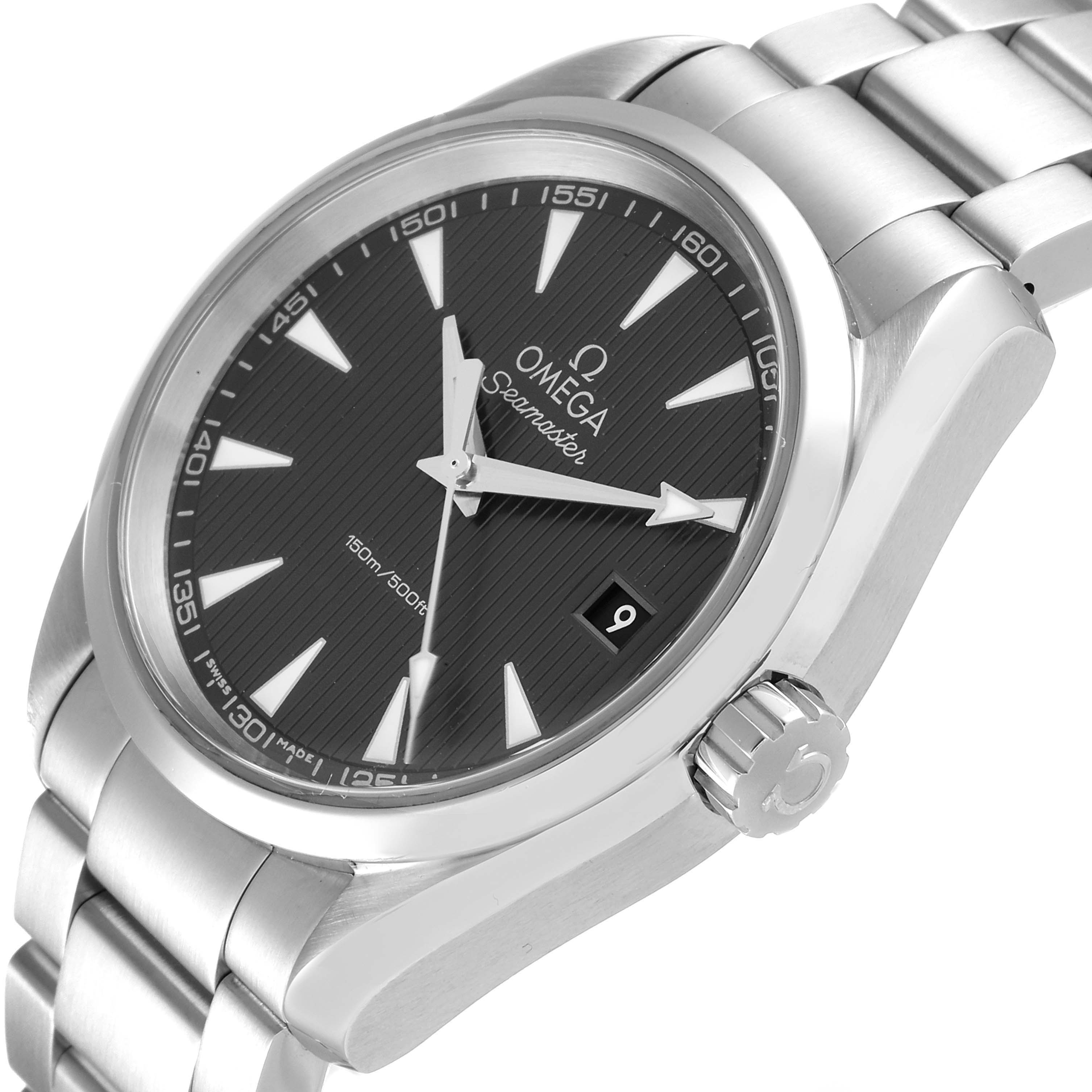 The Omega Aqua Terra 231.10.39.60.06.001 Men
s Stainless Steel Grey Dial 231.10.39.60.06.001 Men
s Stainless Steel Grey Dial watch is shown at an angled view, highlighting its face, bezel, crown, and part of the bracelet.