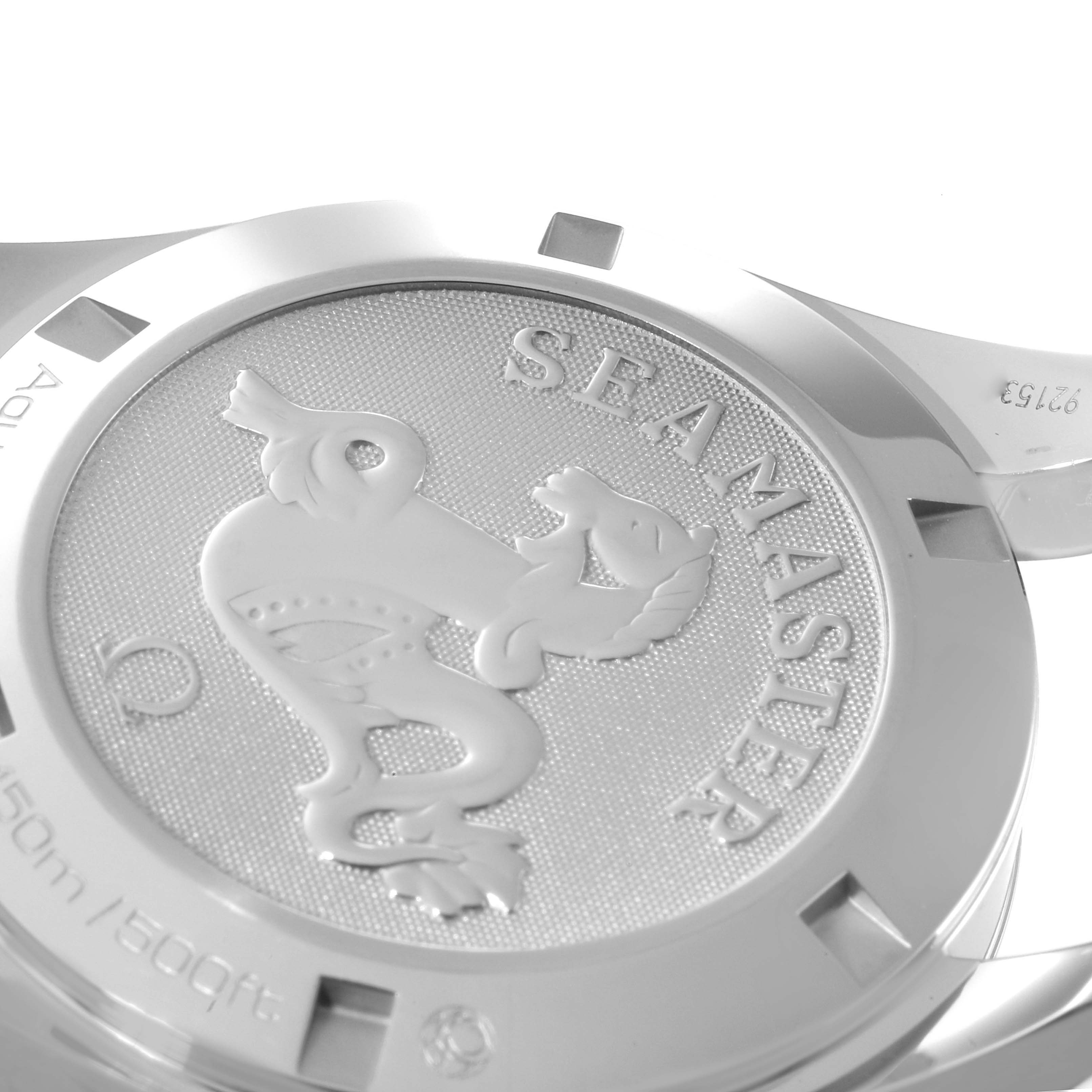 The image shows the case back of the Omega Aqua Terra 231.10.39.60.06.001 Men
s Stainless Steel Grey Dial 231.10.39.60.06.001 Men
s Stainless Steel Grey Dial Seamaster watch from a slightly angled perspective.