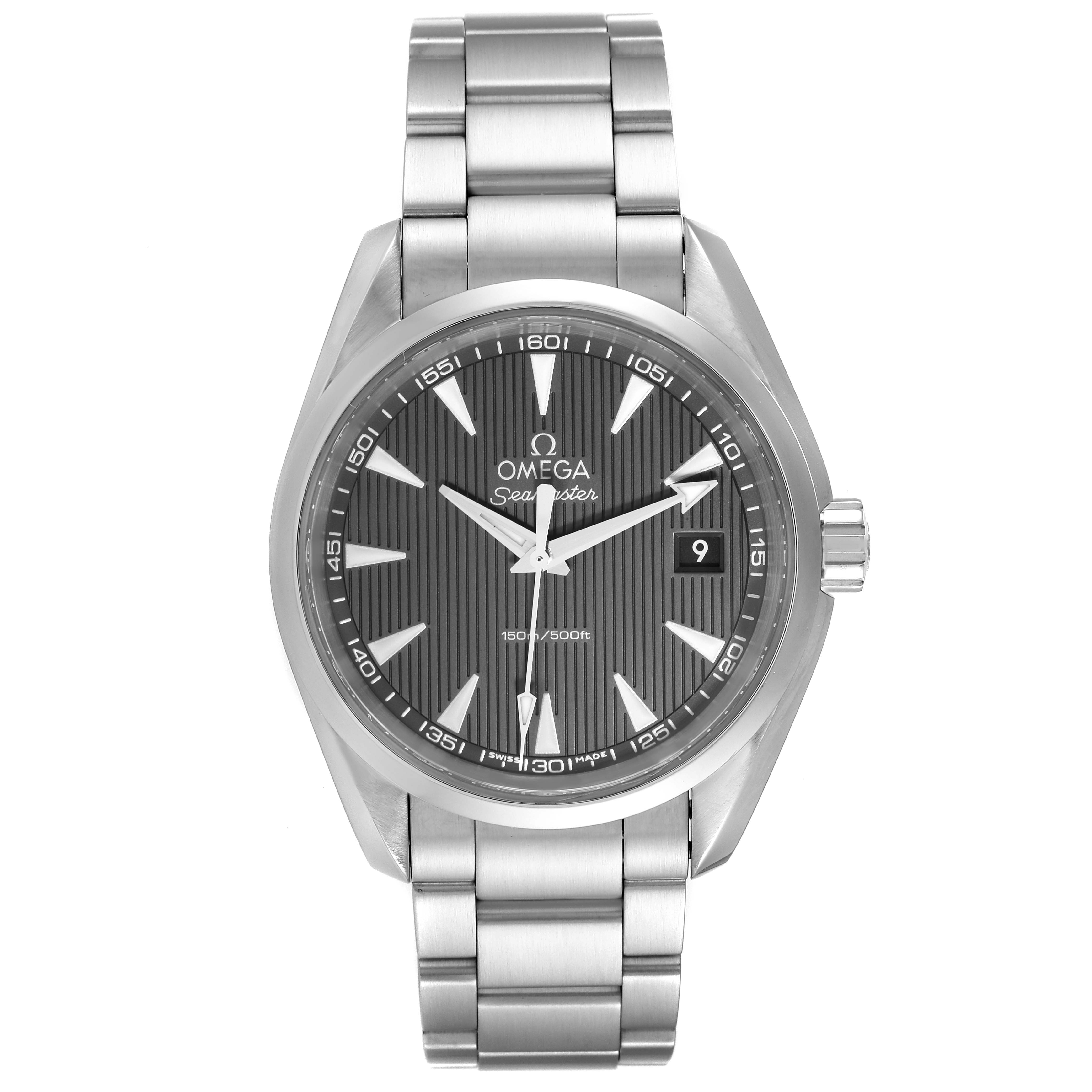 The image shows a frontal view of an Omega Aqua Terra 231.10.39.60.06.001 Men
s Stainless Steel Grey Dial 231.10.39.60.06.001 Men
s Stainless Steel Grey Dial watch, highlighting the dial, bracelet, and crown.
