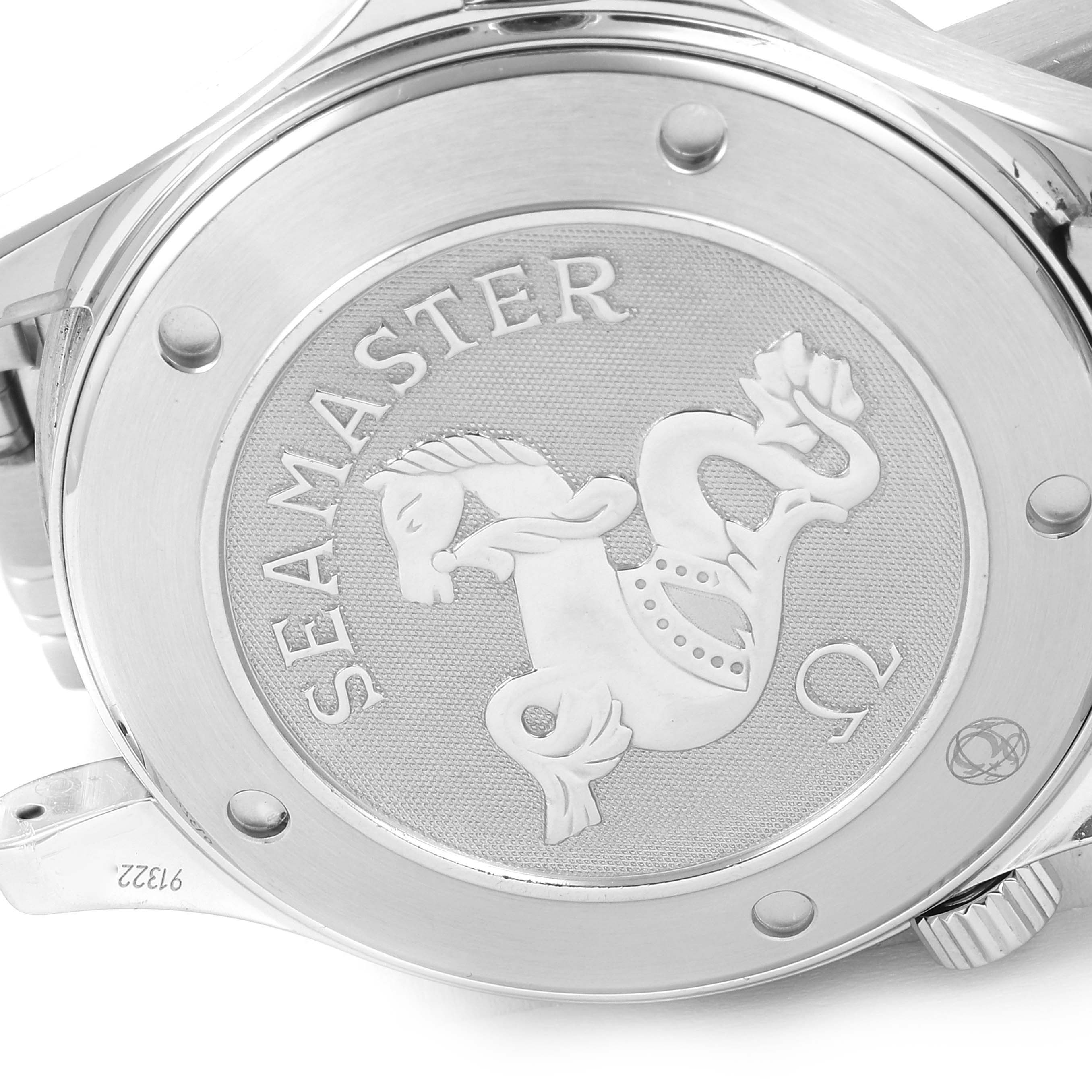 A close-up of the Omega Seamaster 2221.80.00 Men's Stainless Steel Blue Dial 2221.80.00 Men's Stainless Steel Blue Dial watch's case back, featuring the Seamaster logo and engravings.