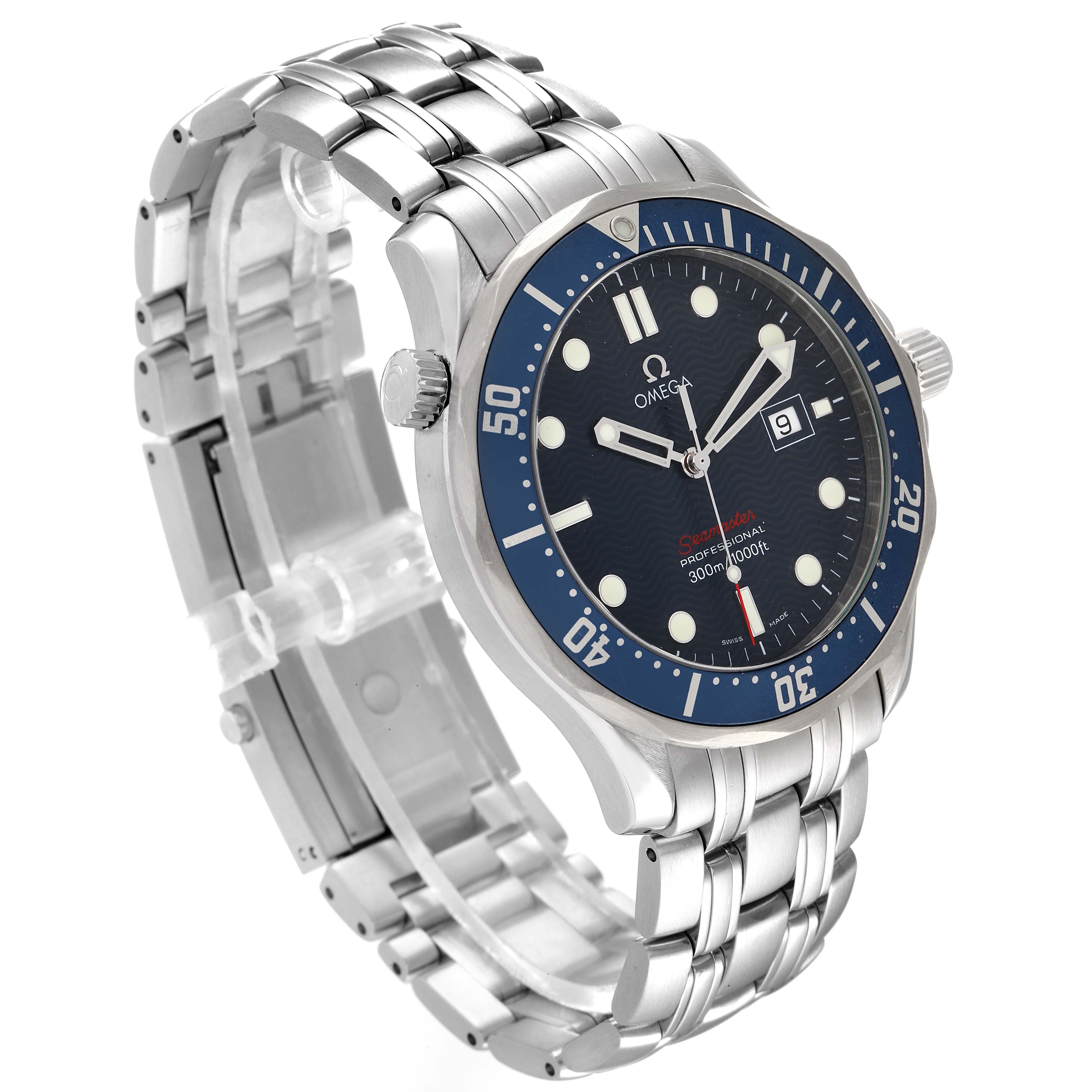 This image shows an angled view of an Omega Seamaster 2221.80.00 Men's Stainless Steel Blue Dial 2221.80.00 Men's Stainless Steel Blue Dial watch, featuring its bracelet, bezel, and face.
