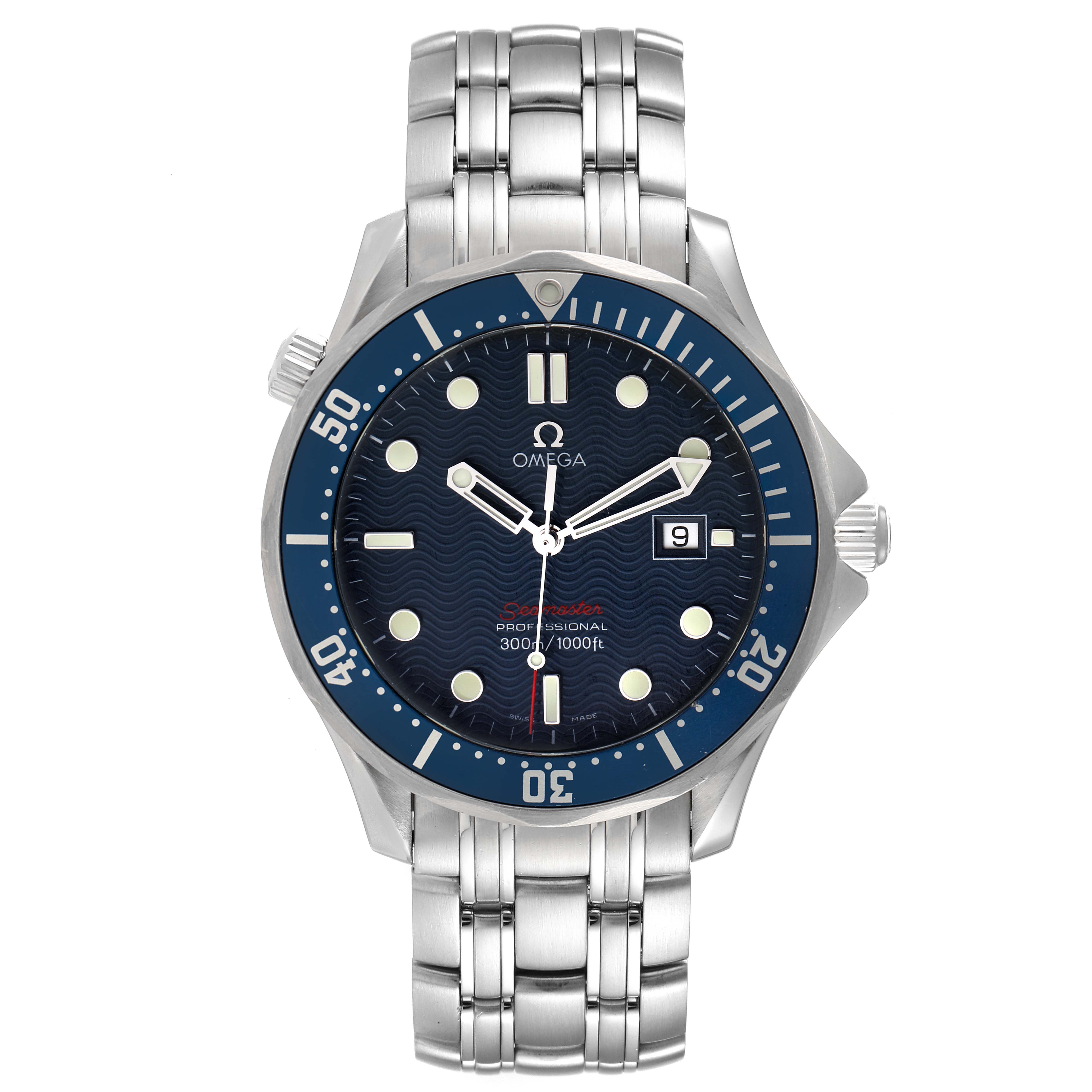 The Omega Seamaster 2221.80.00 Men's Stainless Steel Blue Dial 2221.80.00 Men's Stainless Steel Blue Dial watch is shown from a top-down angle, displaying the dial, bezel, case, and bracelet.