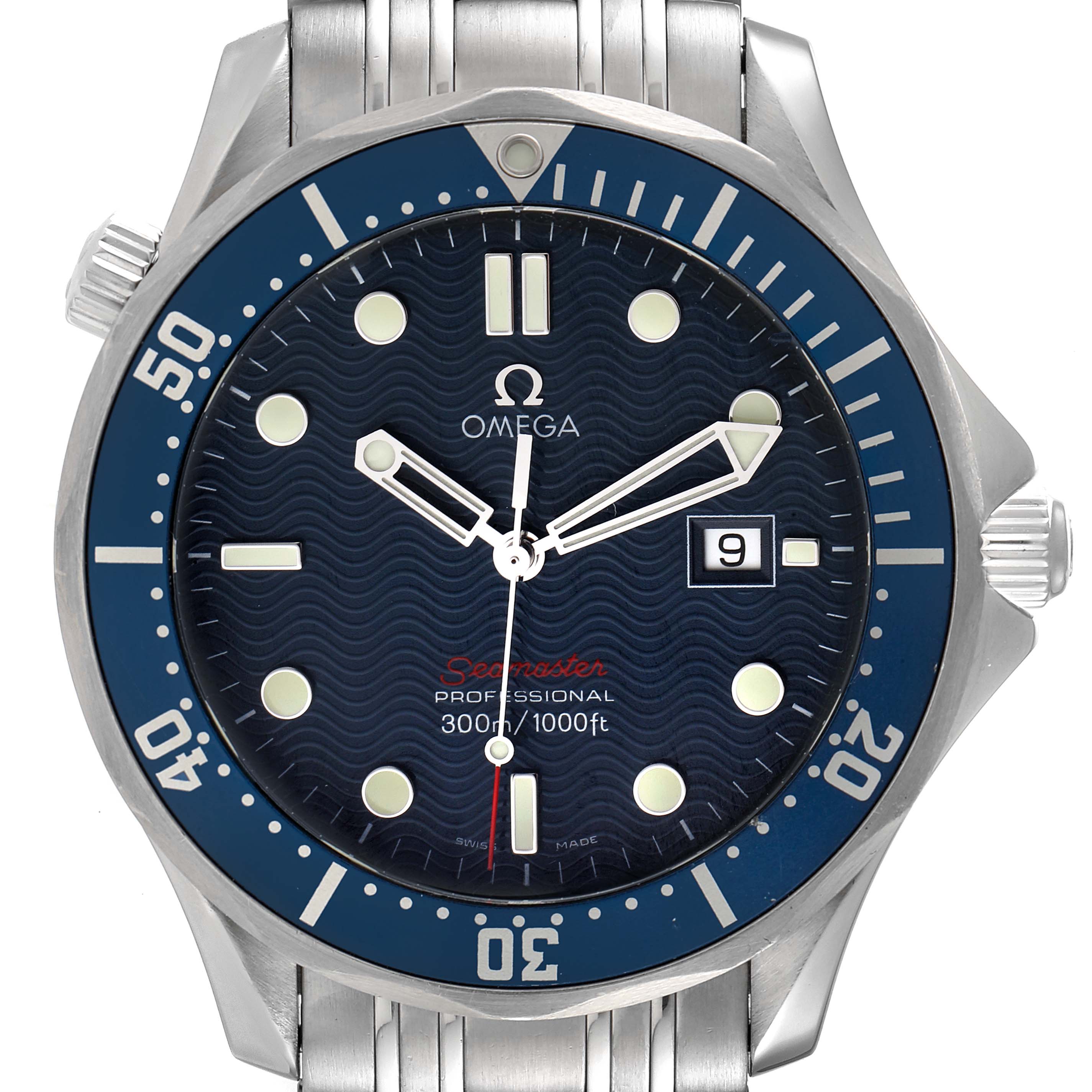 The image shows a front view of the Omega Seamaster 2221.80.00 Men's Stainless Steel Blue Dial 2221.80.00 Men's Stainless Steel Blue Dial watch, displaying its dial, bezel, and part of its bracelet.