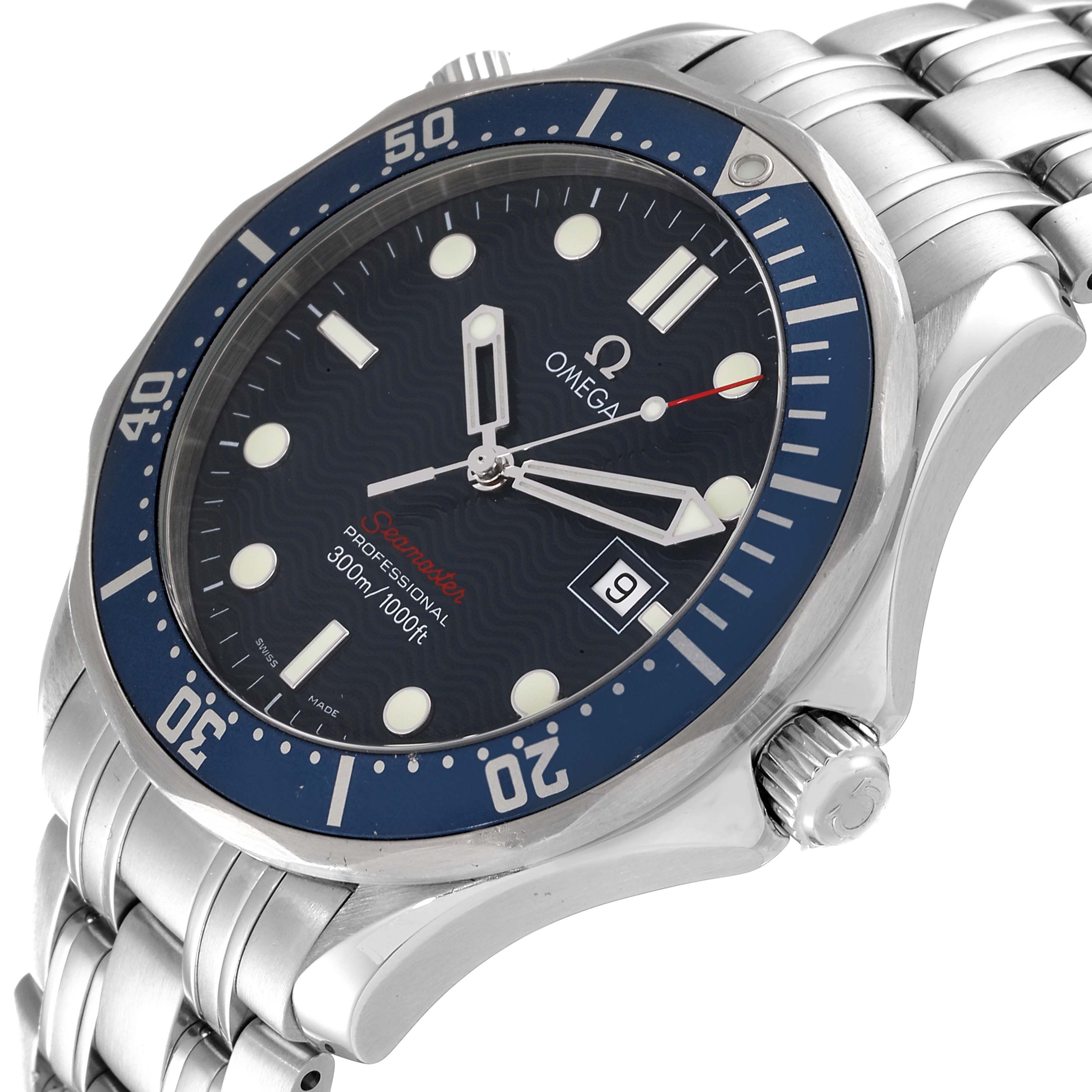 The image shows an angled view of the Omega Seamaster 2221.80.00 Men's Stainless Steel Blue Dial 2221.80.00 Men's Stainless Steel Blue Dial watch, highlighting the dial, bezel, crown, and partially the bracelet.