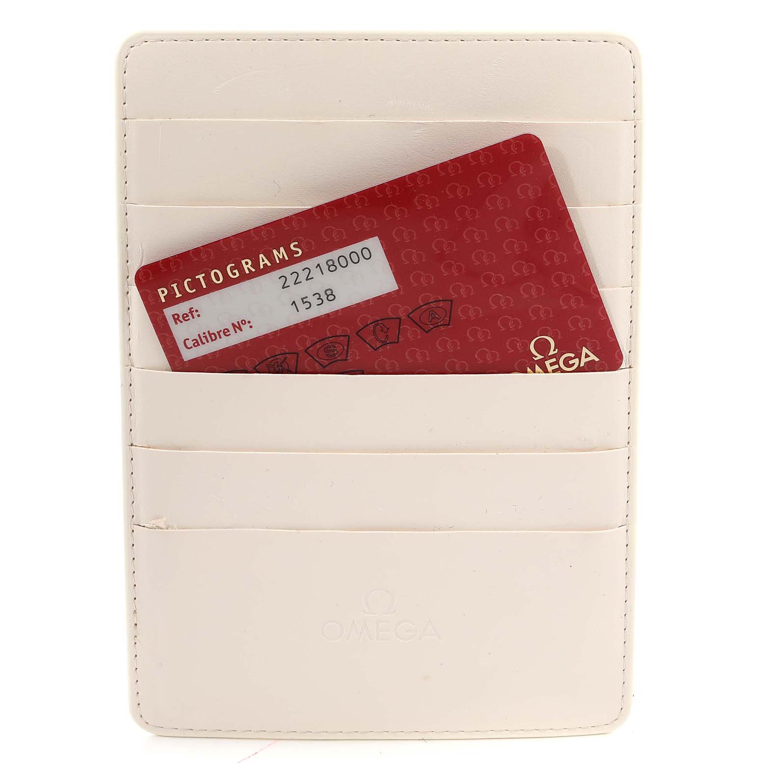 The image shows an Omega Seamaster 2221.80.00 Men's Stainless Steel Blue Dial 2221.80.00 Men's Stainless Steel Blue Dial warranty card inside a cream-colored cardholder from the front.