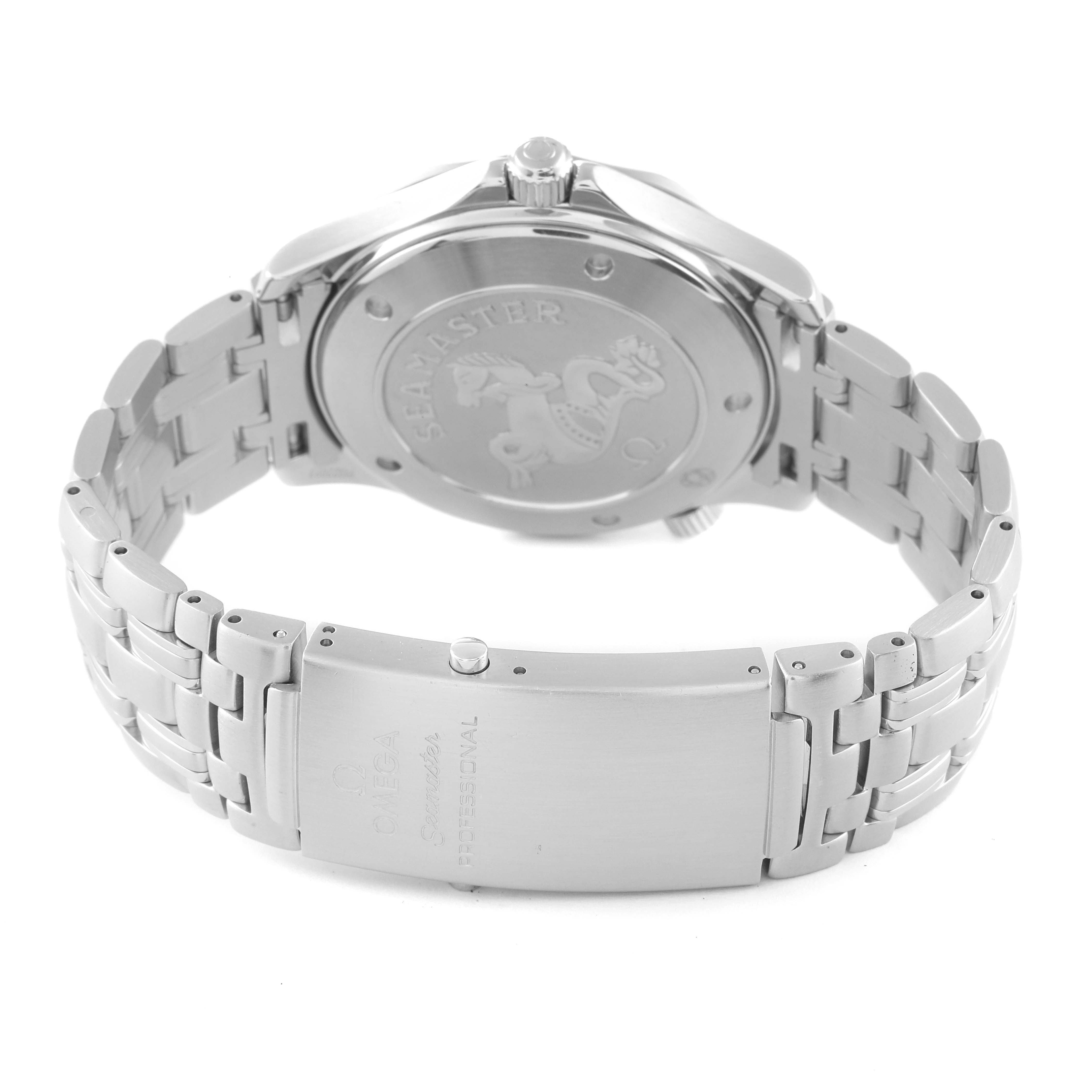 The image shows the back and bracelet of an Omega Seamaster 2221.80.00 Men's Stainless Steel Blue Dial 2221.80.00 Men's Stainless Steel Blue Dial watch, highlighting the clasp and case back.