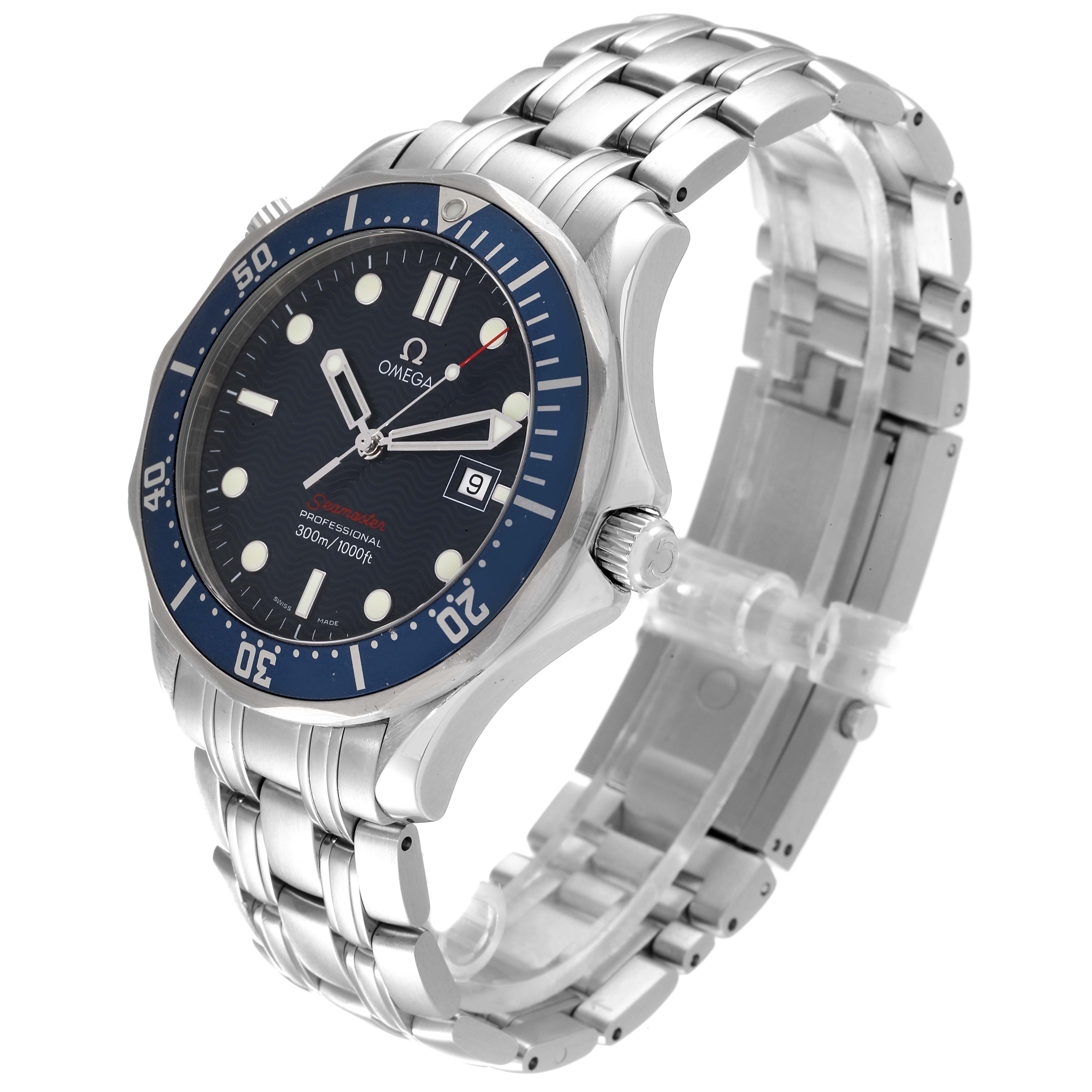 The Omega Seamaster 2221.80.00 Men's Stainless Steel Blue Dial 2221.80.00 Men's Stainless Steel Blue Dial watch is shown at a three-quarter angle, highlighting the dial, bezel, and stainless steel bracelet.