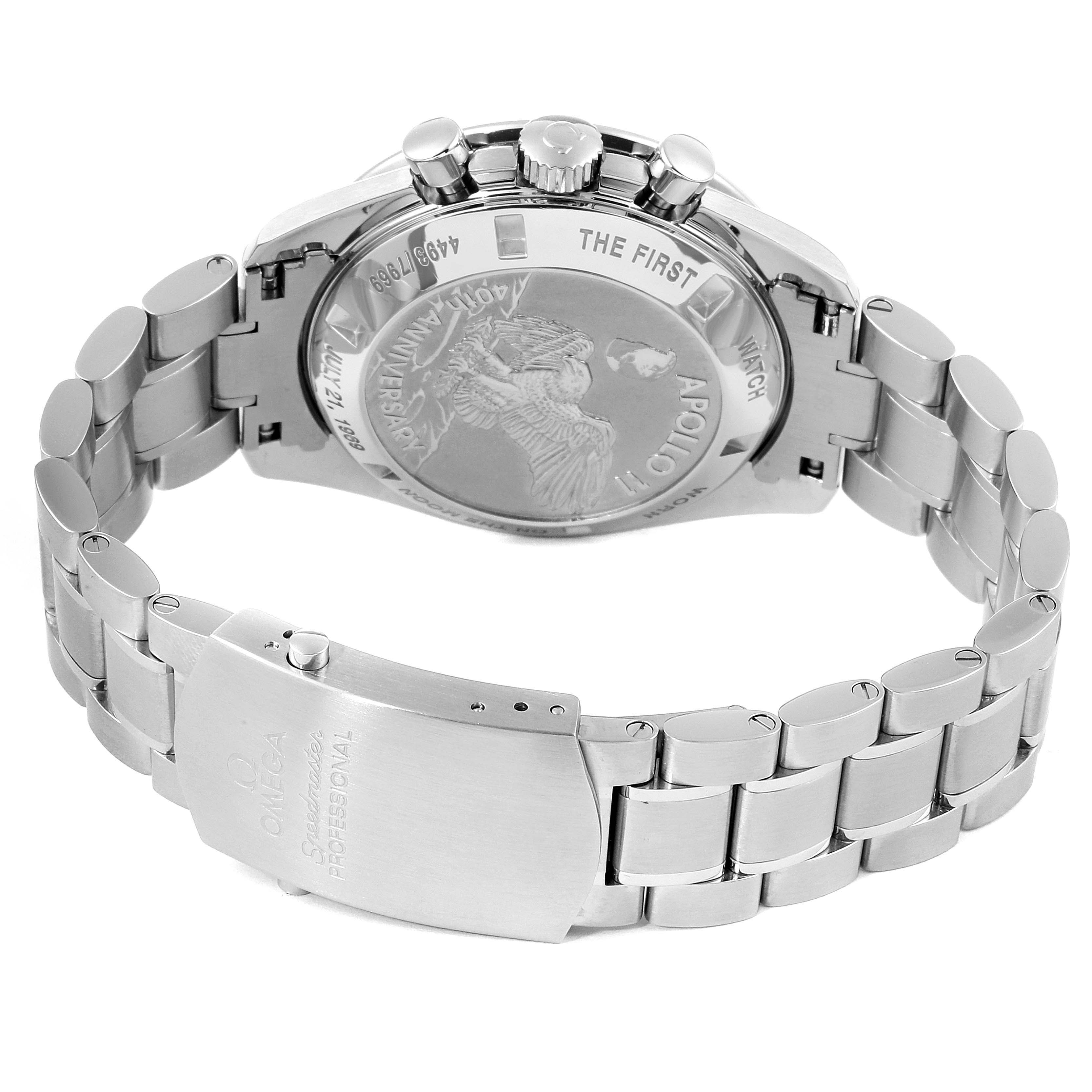 This image shows the back case and bracelet of the Omega Speedmaster 311.30.42.30.01.002 Men
s Stainless Steel Black Dial 311.30.42.30.01.002 Men
s Stainless Steel Black Dial, including the engraved case back and deployment clasp.