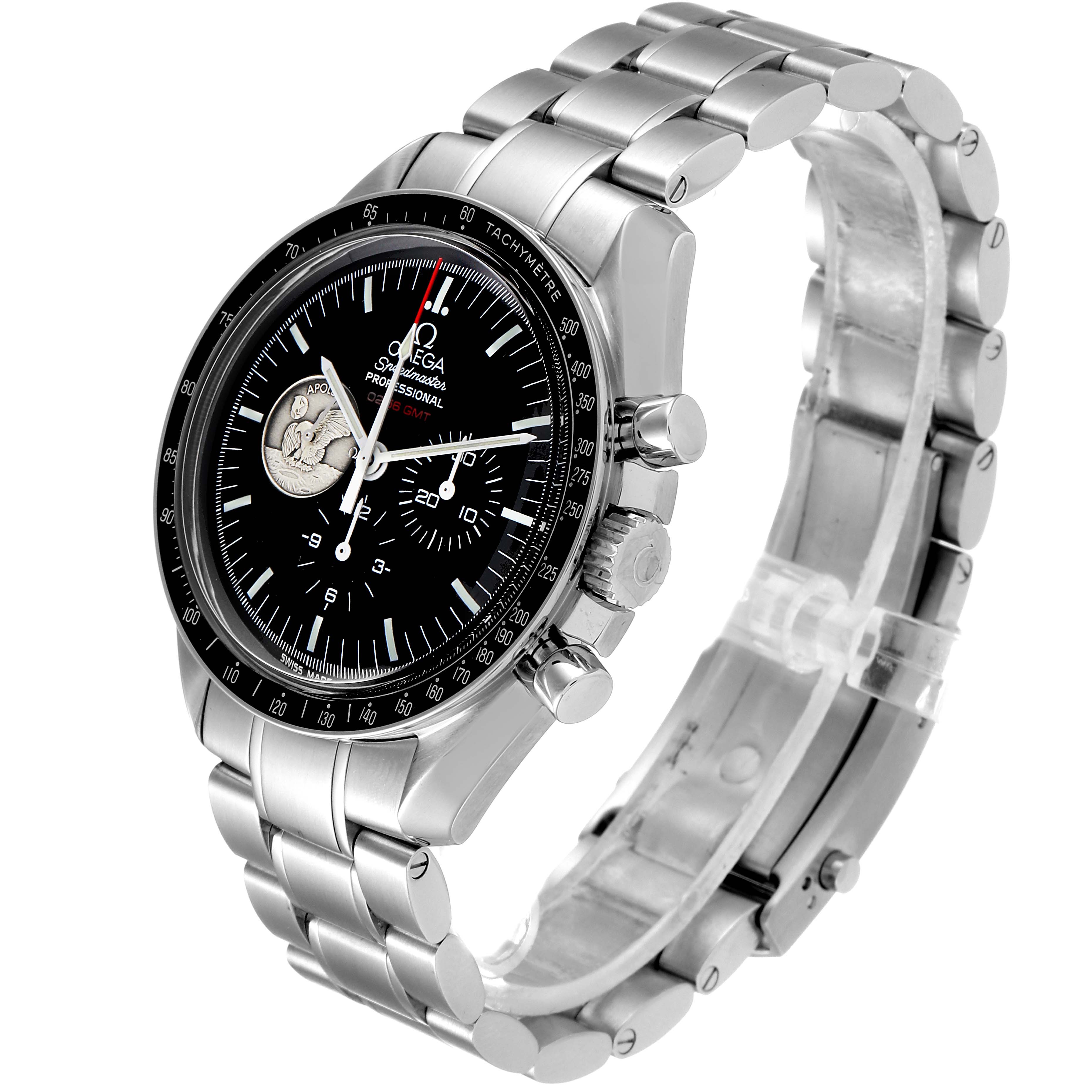 The Omega Speedmaster 311.30.42.30.01.002 Men
s Stainless Steel Black Dial 311.30.42.30.01.002 Men
s Stainless Steel Black Dial watch is shown at a three-quarters angle, displaying the face, side buttons, and stainless steel bracelet.