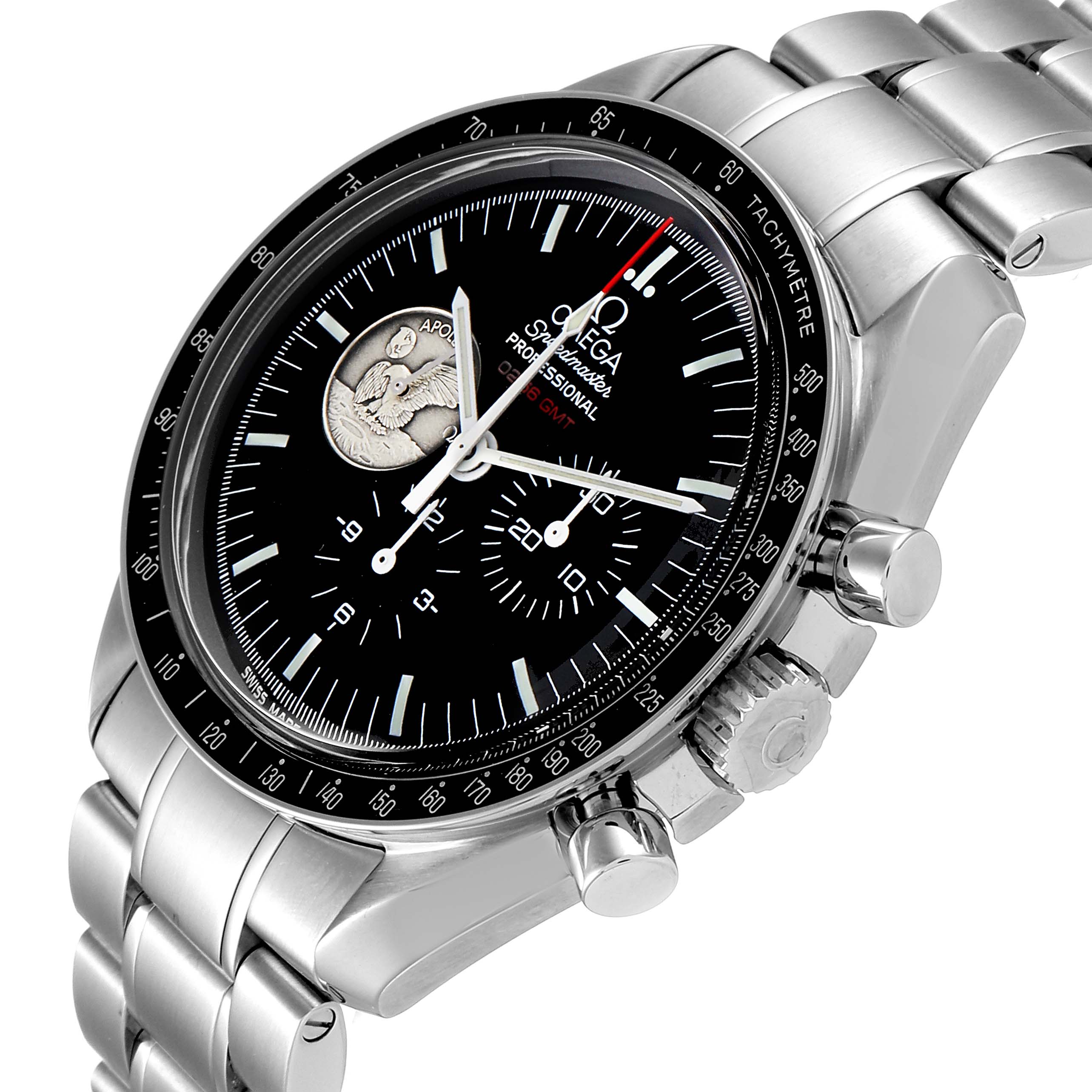 This image shows an Omega Speedmaster 311.30.42.30.01.002 Men
s Stainless Steel Black Dial 311.30.42.30.01.002 Men
s Stainless Steel Black Dial watch at a slight angle, highlighting the dial, chronograph buttons, bezel, and metal bracelet.