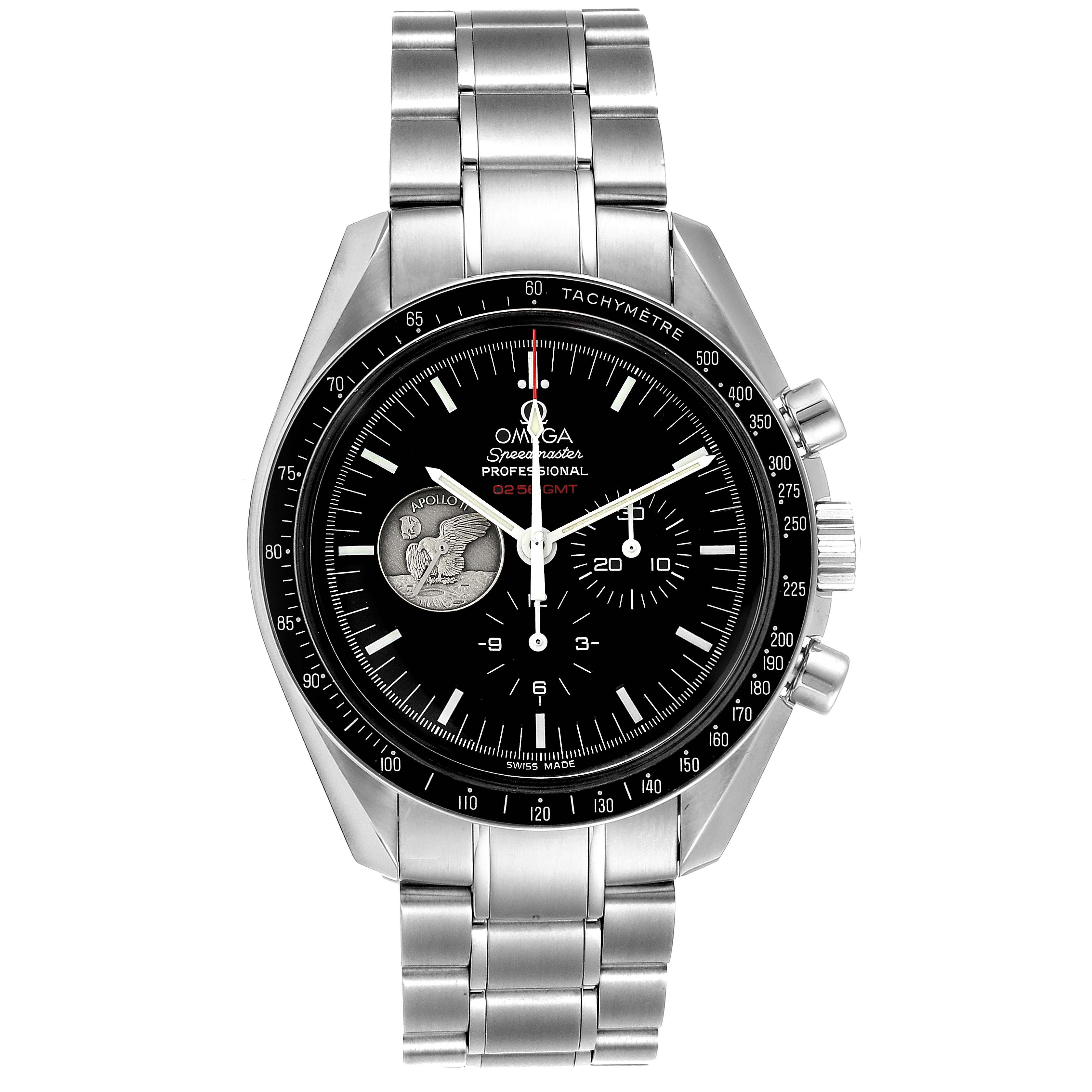 The image shows a front view of the Omega Speedmaster 311.30.42.30.01.002 Men
s Stainless Steel Black Dial 311.30.42.30.01.002 Men
s Stainless Steel Black Dial Professional watch with a stainless steel bracelet.