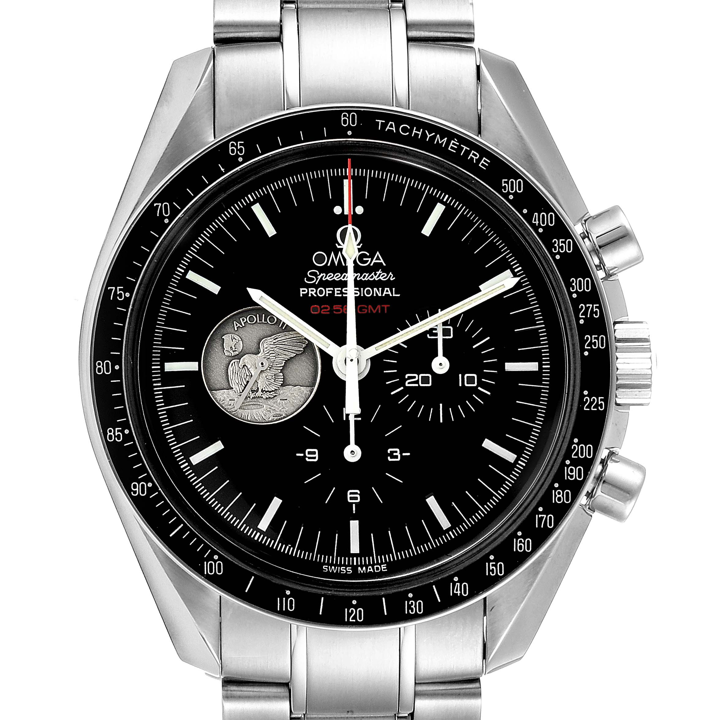 The Omega Speedmaster 311.30.42.30.01.002 Men
s Stainless Steel Black Dial 311.30.42.30.01.002 Men
s Stainless Steel Black Dial watch is shown from a front angle, displaying its black dial, tachymeter bezel, and metal bracelet.