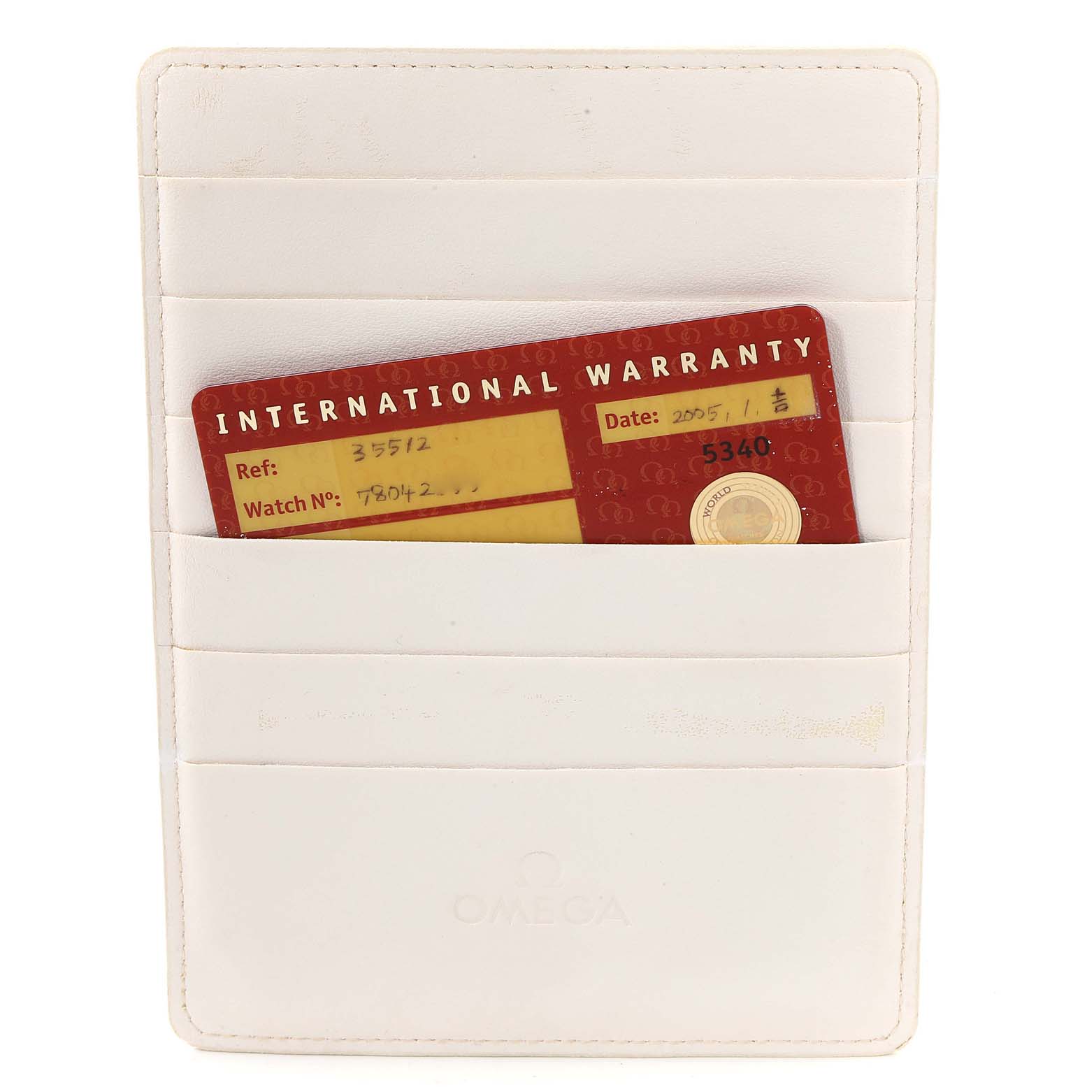 This image shows an International Warranty card in a white Omega cardholder, related to an Omega Speedmaster 3551.20.00 Men's Stainless Steel White Dial 3551.20.00 Men's Stainless Steel White Dial watch.
