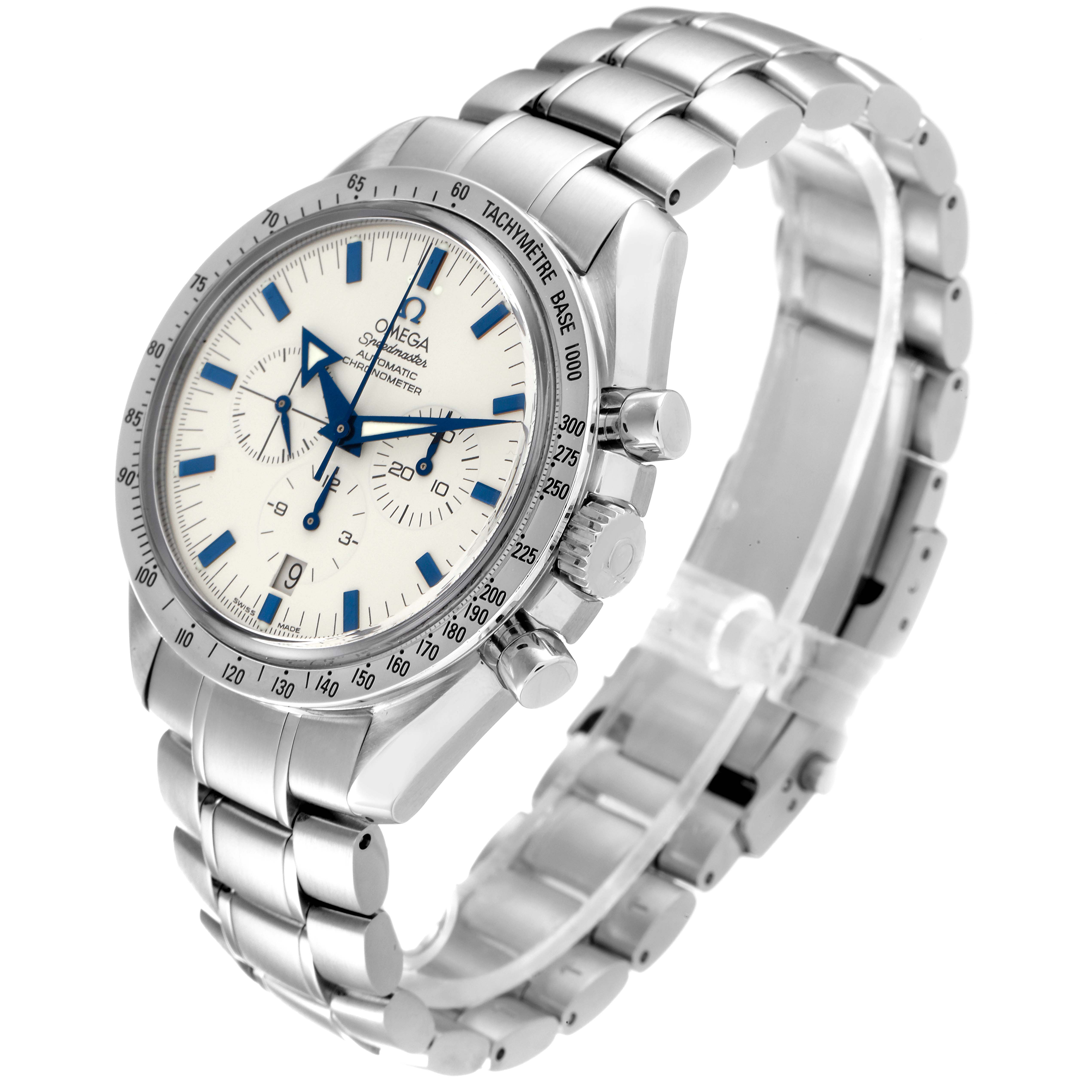 The Omega Speedmaster 3551.20.00 Men's Stainless Steel White Dial 3551.20.00 Men's Stainless Steel White Dial watch is shown at a three-quarter angle, highlighting the dial, bracelet, and side buttons.
