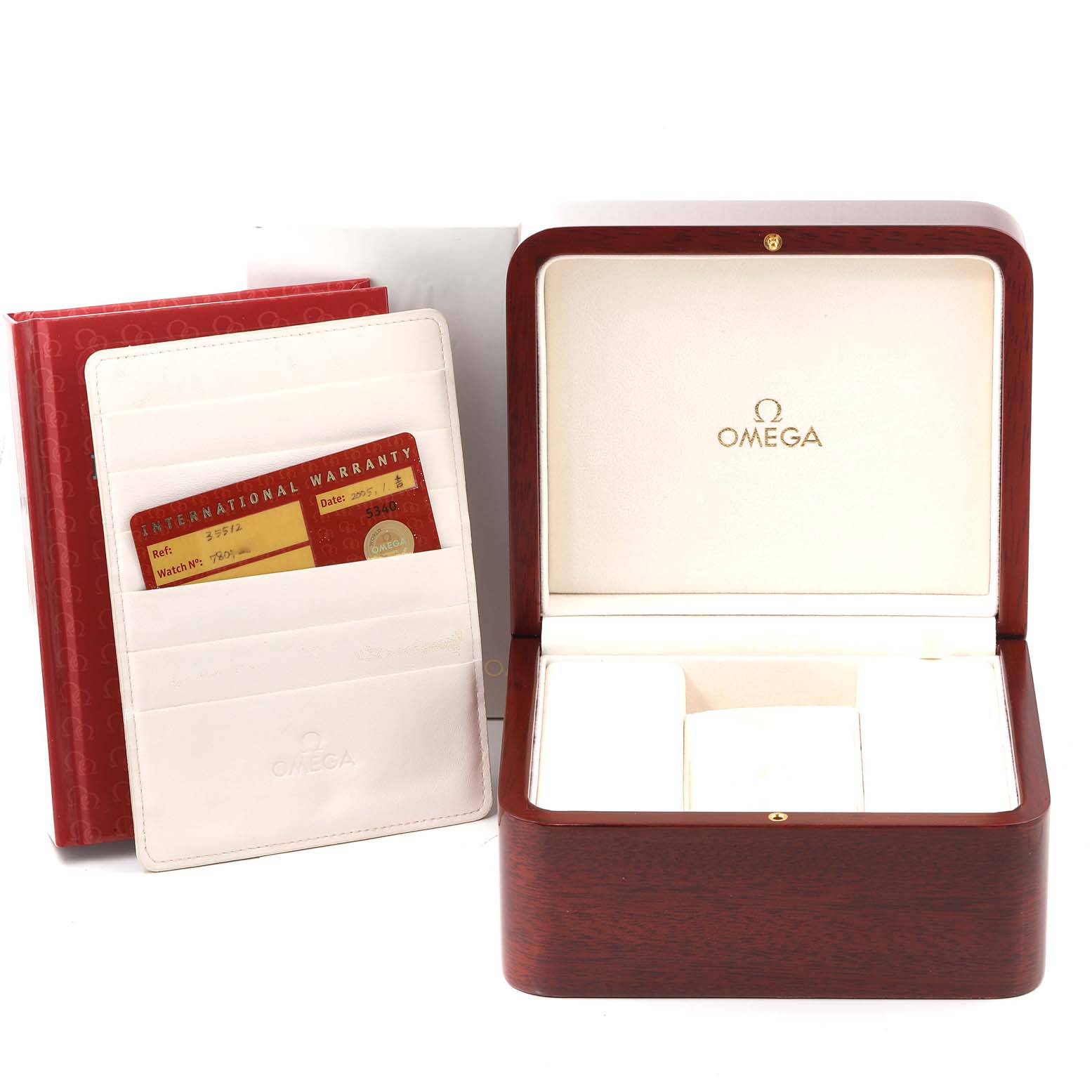 The image shows an open Omega Speedmaster 3551.20.00 Men's Stainless Steel White Dial 3551.20.00 Men's Stainless Steel White Dial watch box, a warranty card, and a booklet displayed from a front angle.