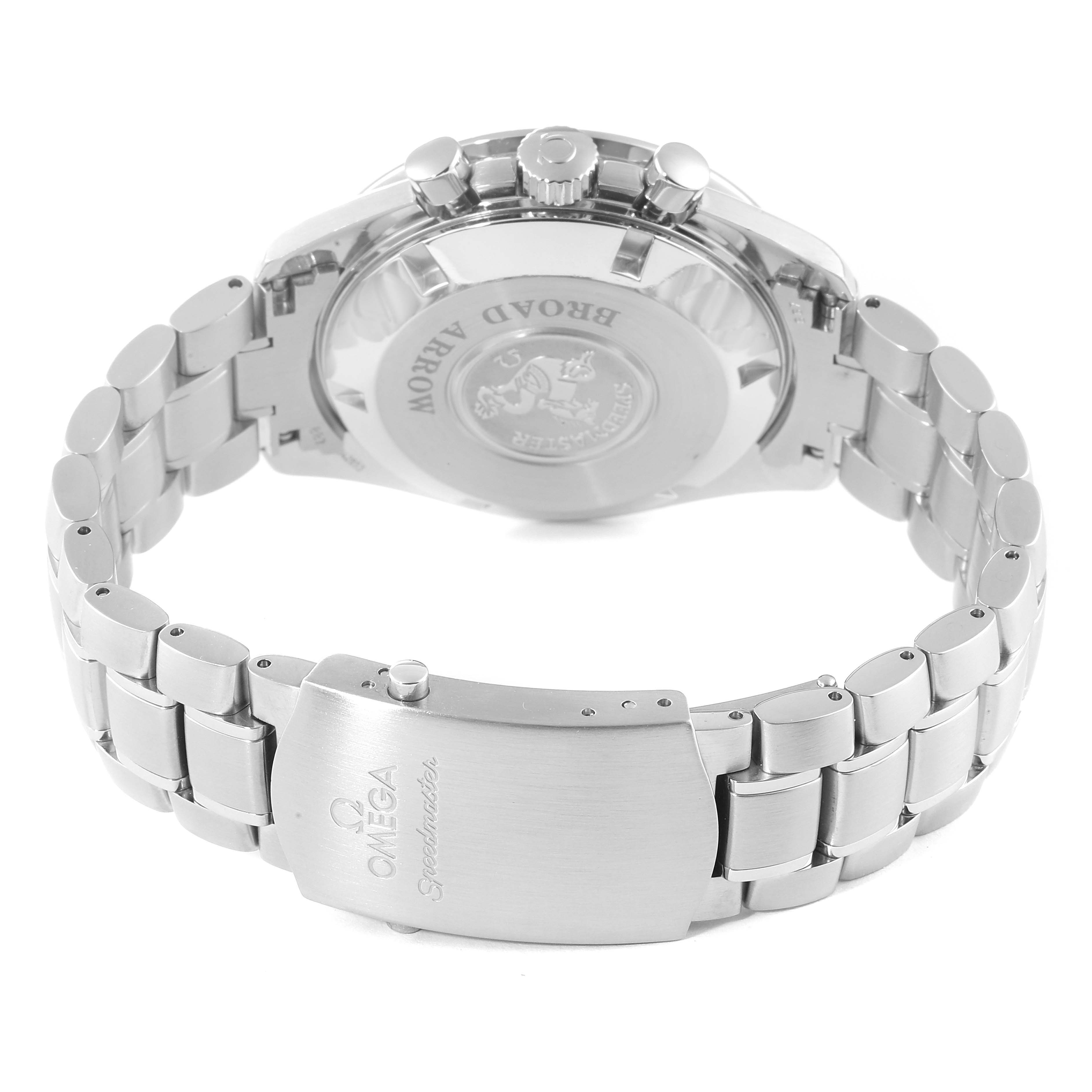 This image shows the back and clasp of an Omega Speedmaster 3551.20.00 Men's Stainless Steel White Dial 3551.20.00 Men's Stainless Steel White Dial watch at a slight angle.