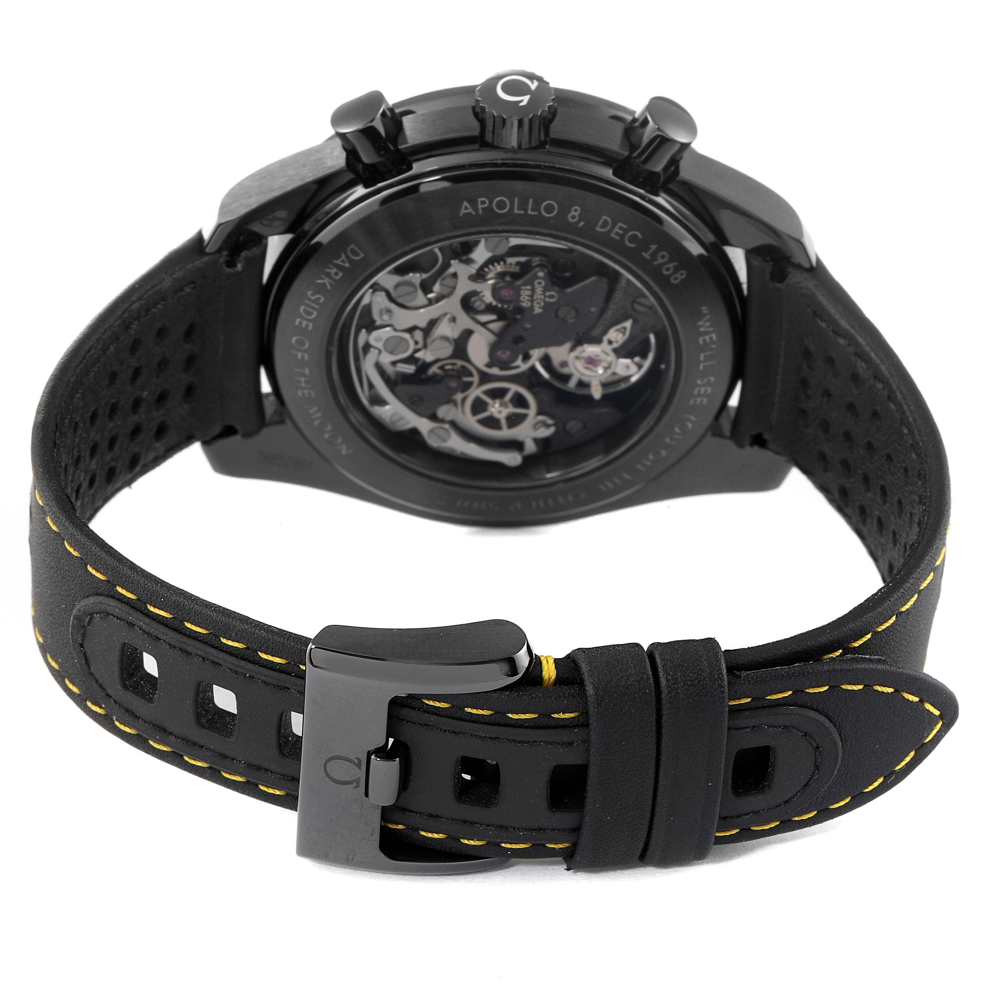 This image shows the Omega Speedmaster 311.92.44.30.01.001 Men's Ceramic Black Dial 311.92.44.30.01.001 Men's Ceramic Black Dial watch from the back, highlighting its movement and black leather strap with yellow stitching. 