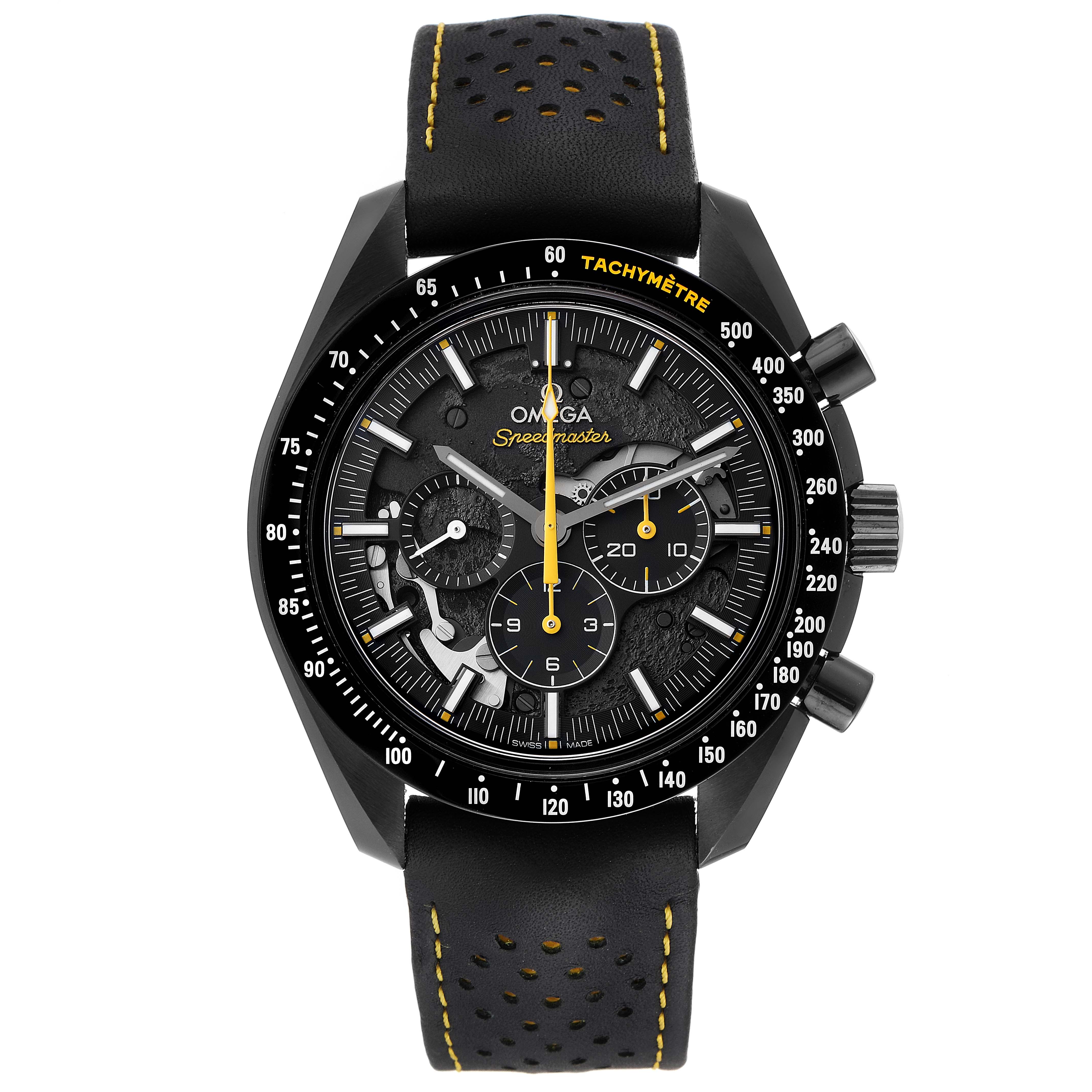This Omega Speedmaster 311.92.44.30.01.001 Men's Ceramic Black Dial 311.92.44.30.01.001 Men's Ceramic Black Dial watch is shown from the front, highlighting its face, bezel, and strap.