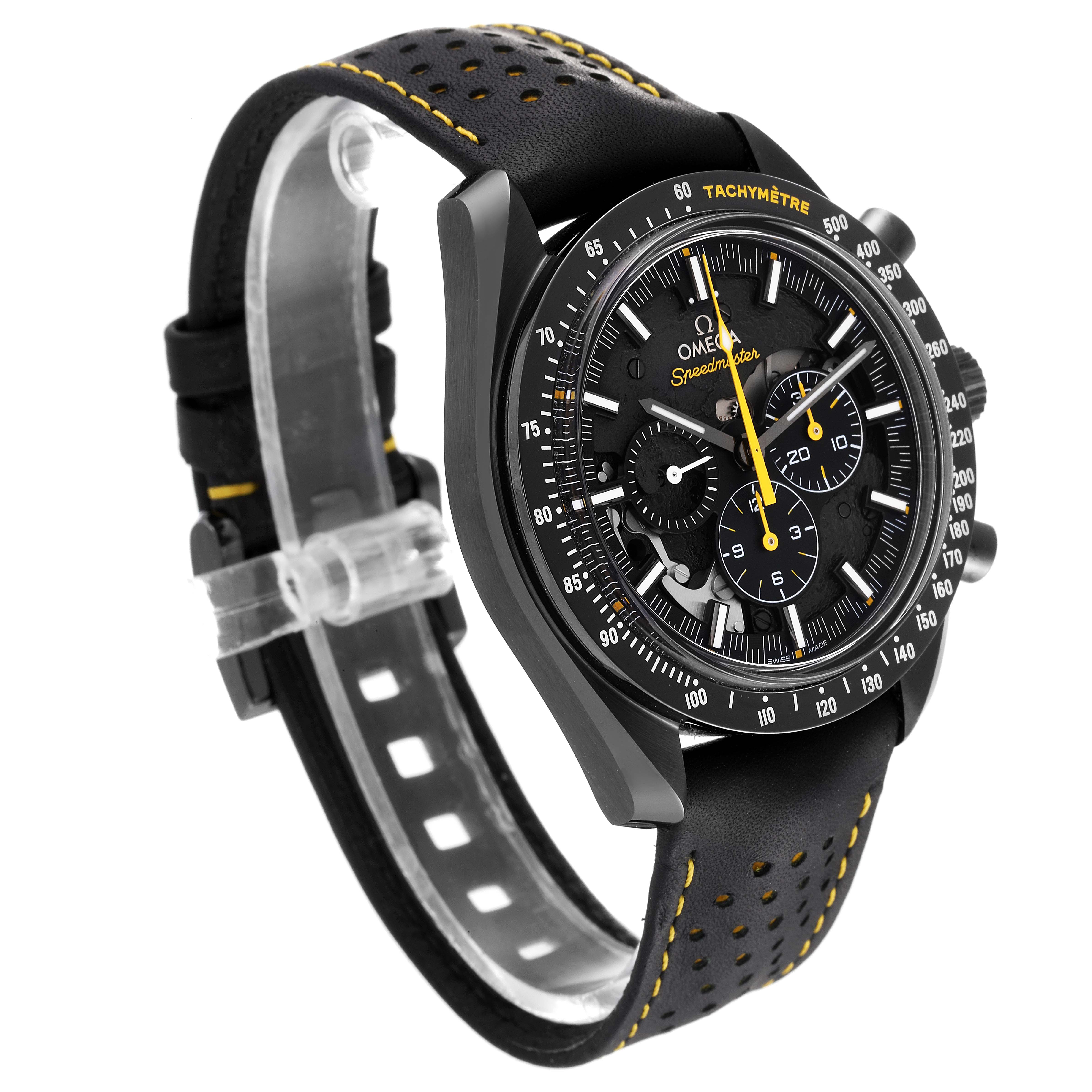 This image shows an angled view of the Omega Speedmaster 311.92.44.30.01.001 Men's Ceramic Black Dial 311.92.44.30.01.001 Men's Ceramic Black Dial watch, highlighting its black dial, tachymeter bezel, and perforated leather strap.