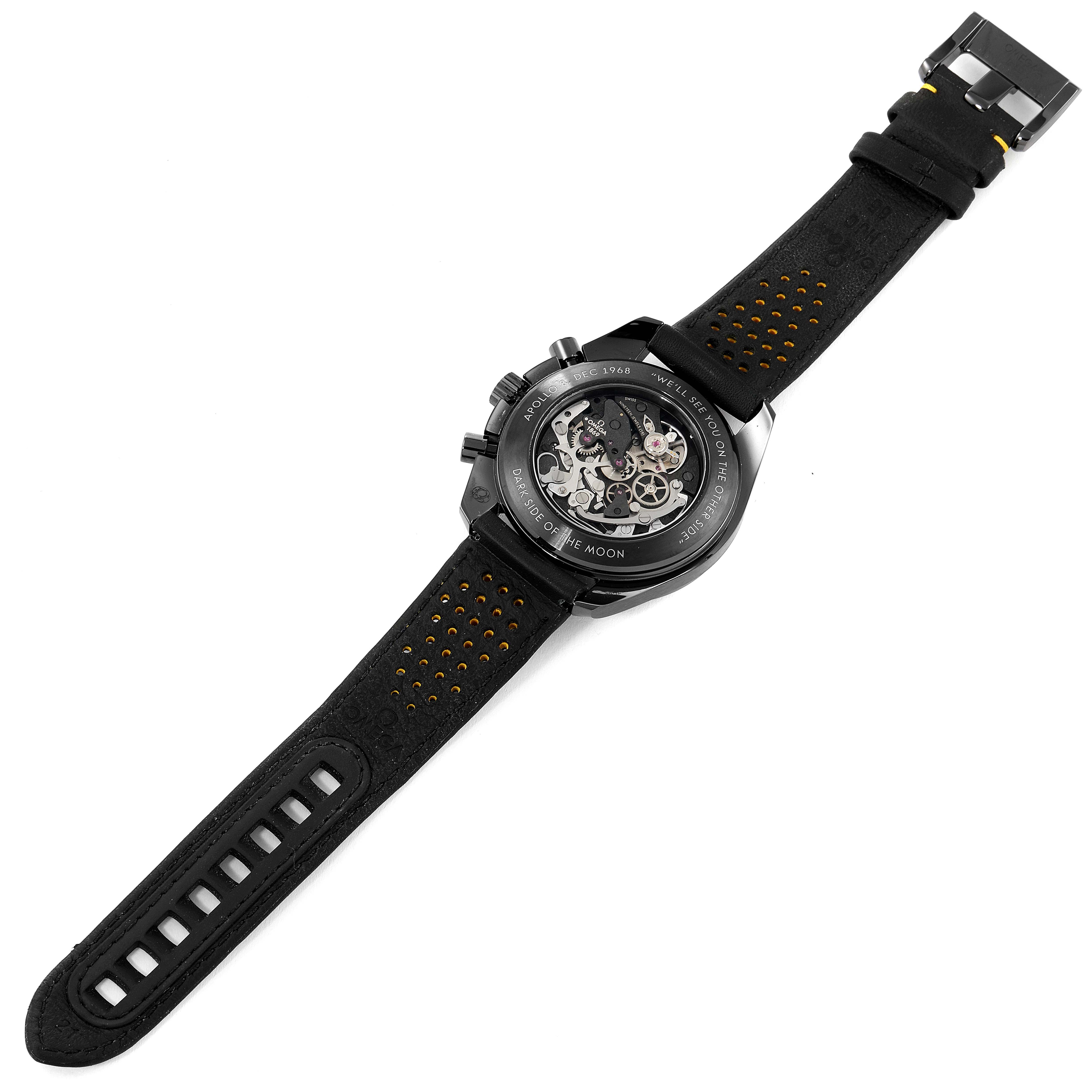 This image shows the back view of an Omega Speedmaster 311.92.44.30.01.001 Men's Ceramic Black Dial 311.92.44.30.01.001 Men's Ceramic Black Dial watch with a visible movement and a perforated black leather strap.