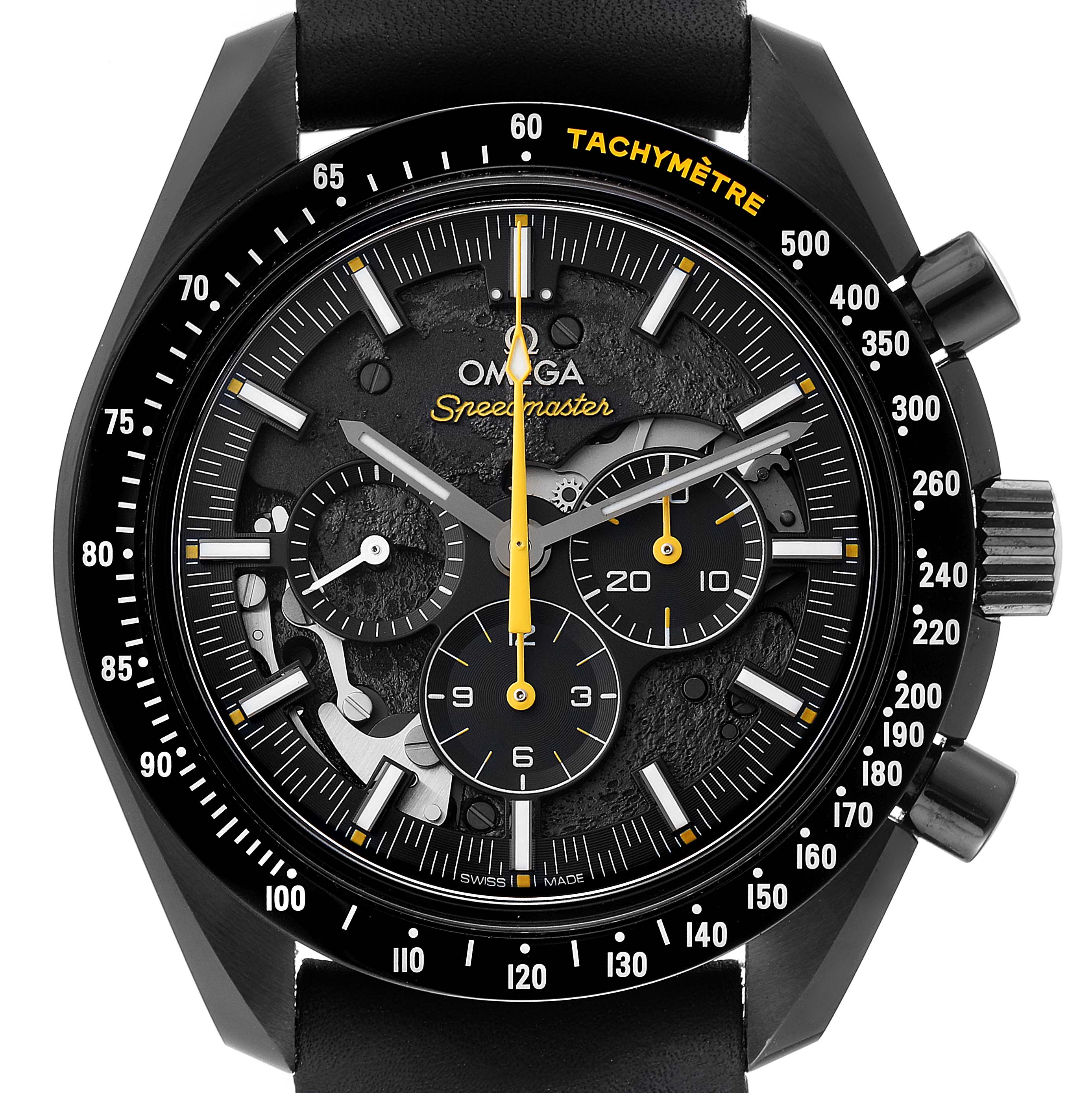 This image shows a front view of the Omega Speedmaster 311.92.44.30.01.001 Men's Ceramic Black Dial 311.92.44.30.01.001 Men's Ceramic Black Dial watch, highlighting its dial, subdials, tachymeter scale, and pushers.