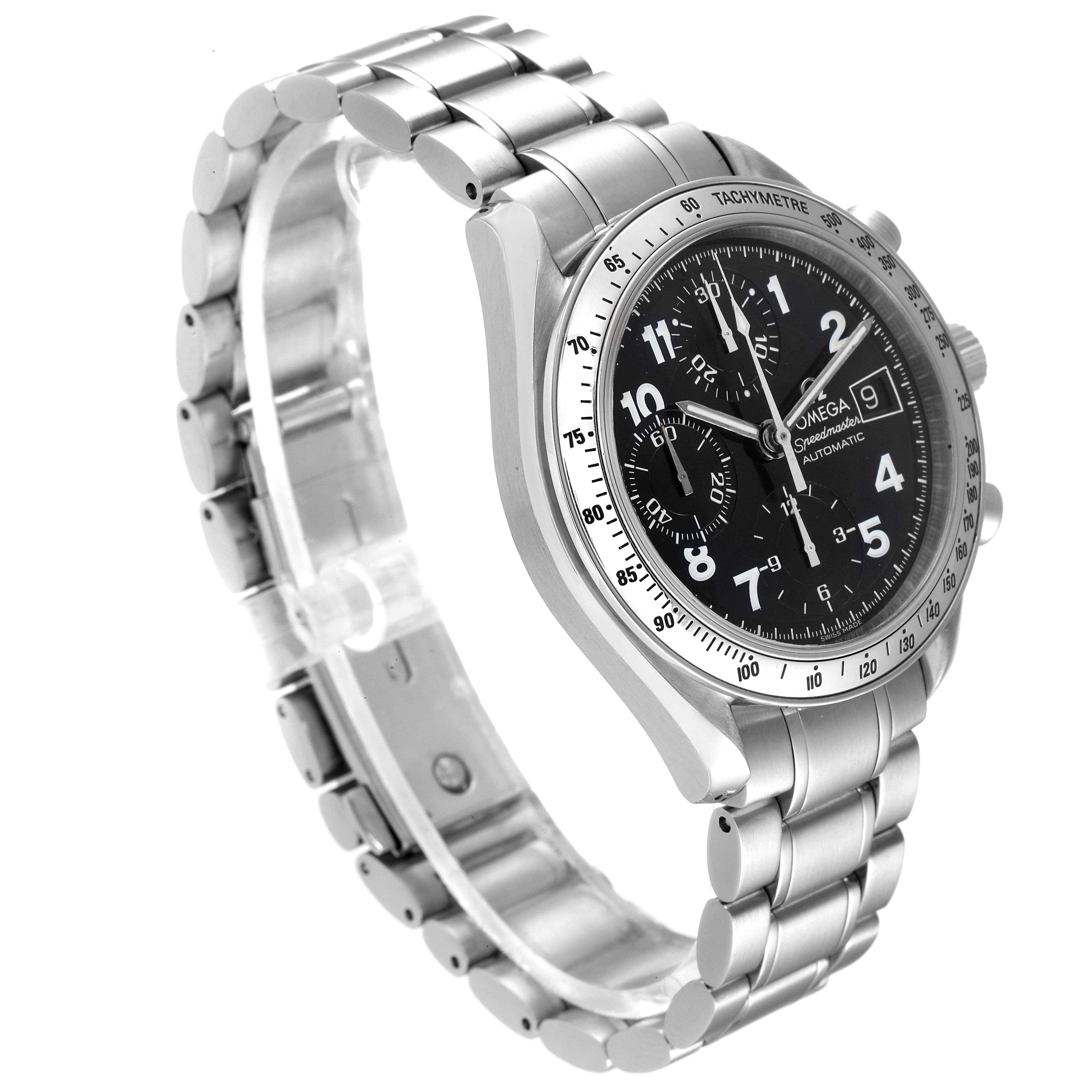 The Omega Speedmaster 3513.52.00 Men's Stainless Steel Black Dial 3513.52.00 Men's Stainless Steel Black Dial watch is shown at a three-quarter angle, featuring its dial, tachymeter bezel, and stainless steel bracelet.