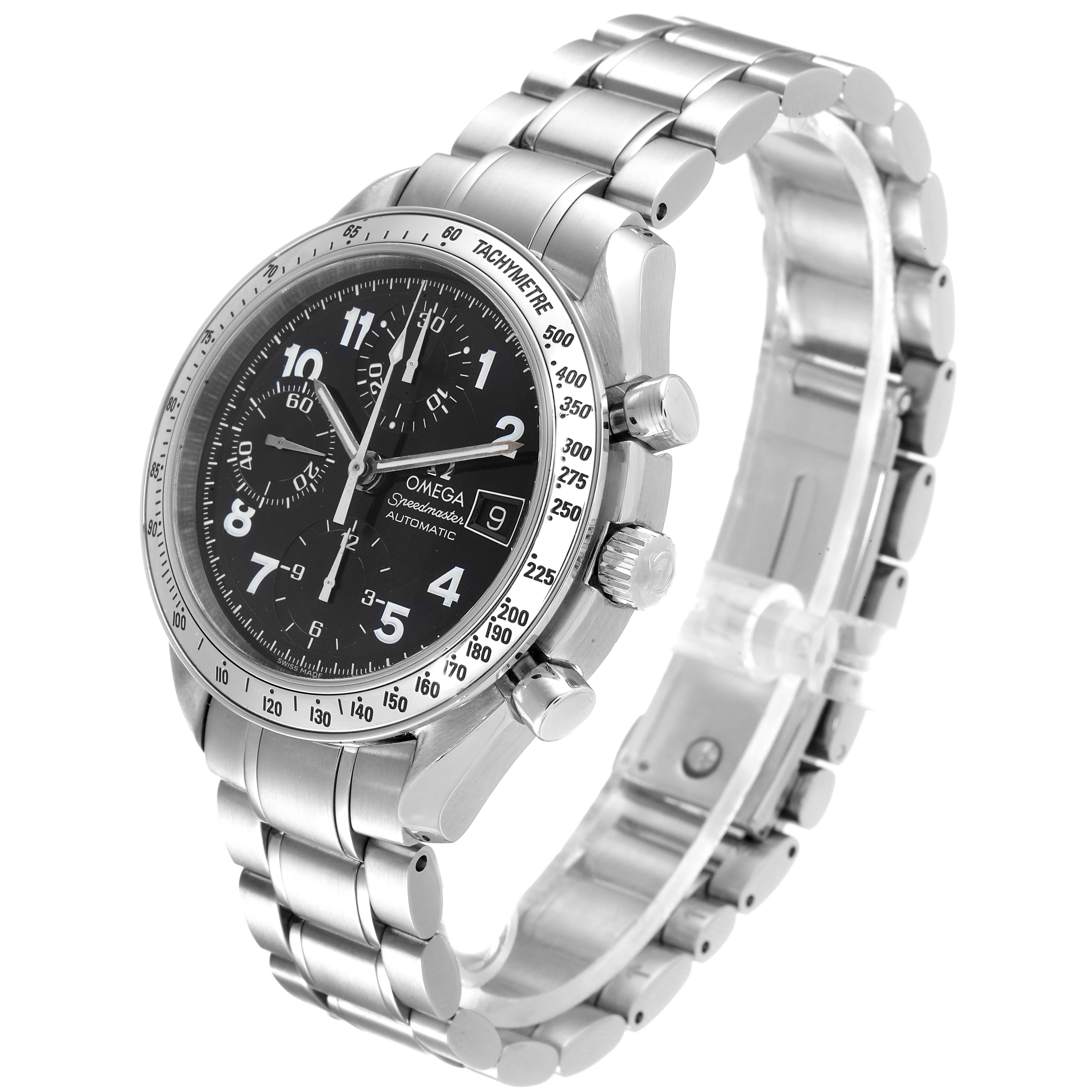 The Omega Speedmaster 3513.52.00 Men's Stainless Steel Black Dial 3513.52.00 Men's Stainless Steel Black Dial watch is shown at a three-quarter angle, displaying the dial, bezel, bracelet, and pushers.