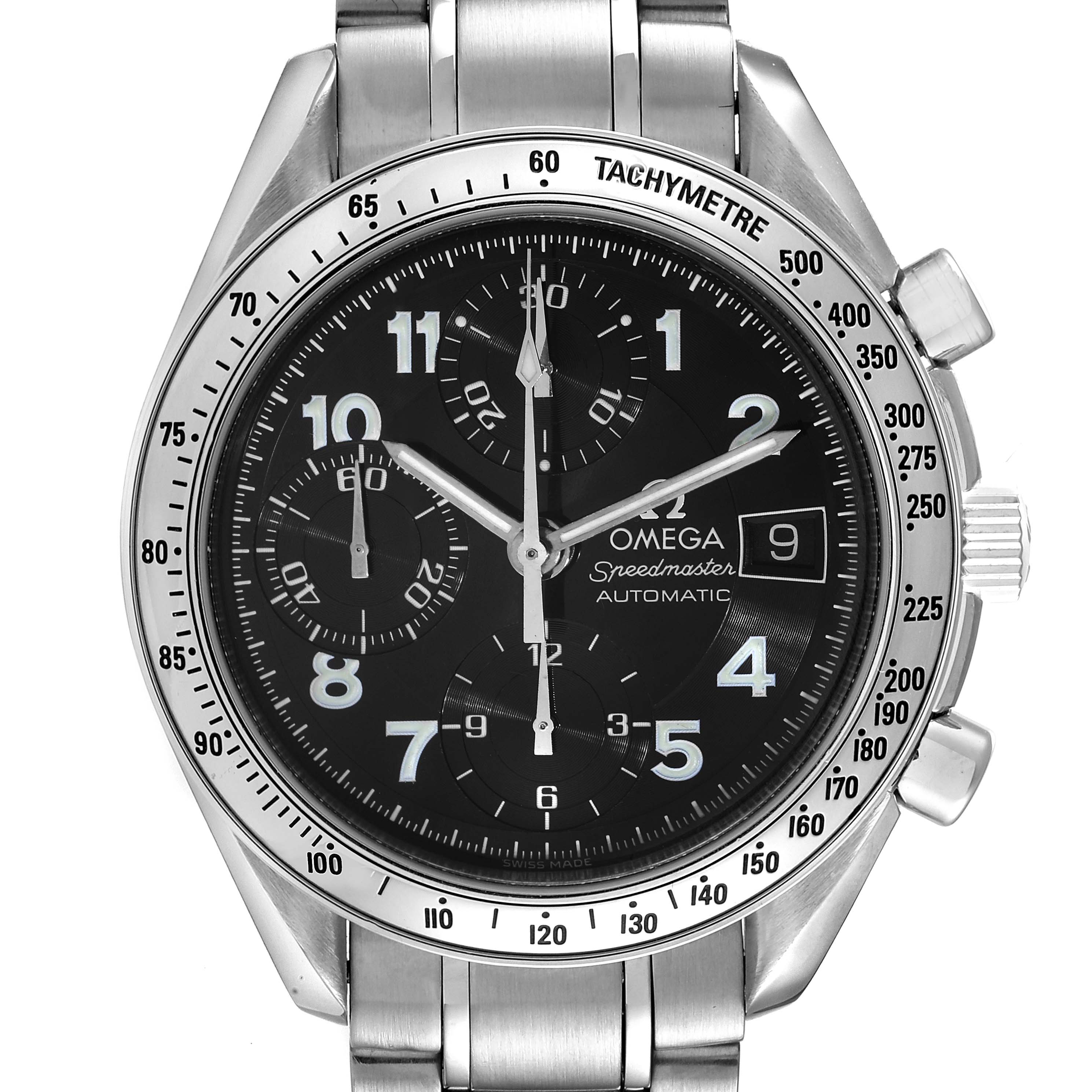 The image shows a front view of an Omega Speedmaster 3513.52.00 Men's Stainless Steel Black Dial 3513.52.00 Men's Stainless Steel Black Dial watch, highlighting the dial, tachymeter bezel, and stainless steel bracelet.