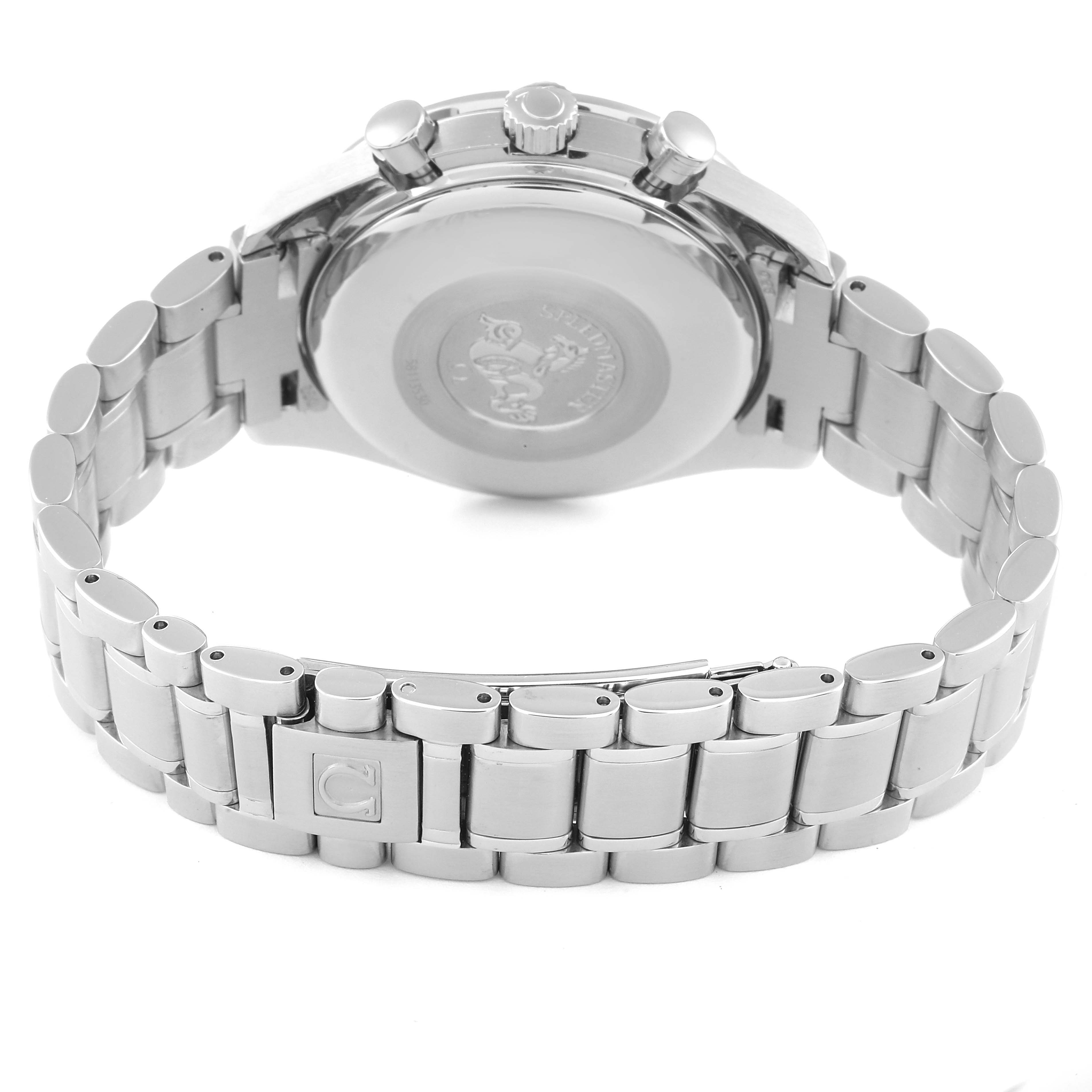 The image shows the back case and bracelet of an Omega Speedmaster 3513.52.00 Men's Stainless Steel Black Dial 3513.52.00 Men's Stainless Steel Black Dial watch from a rear angle.
