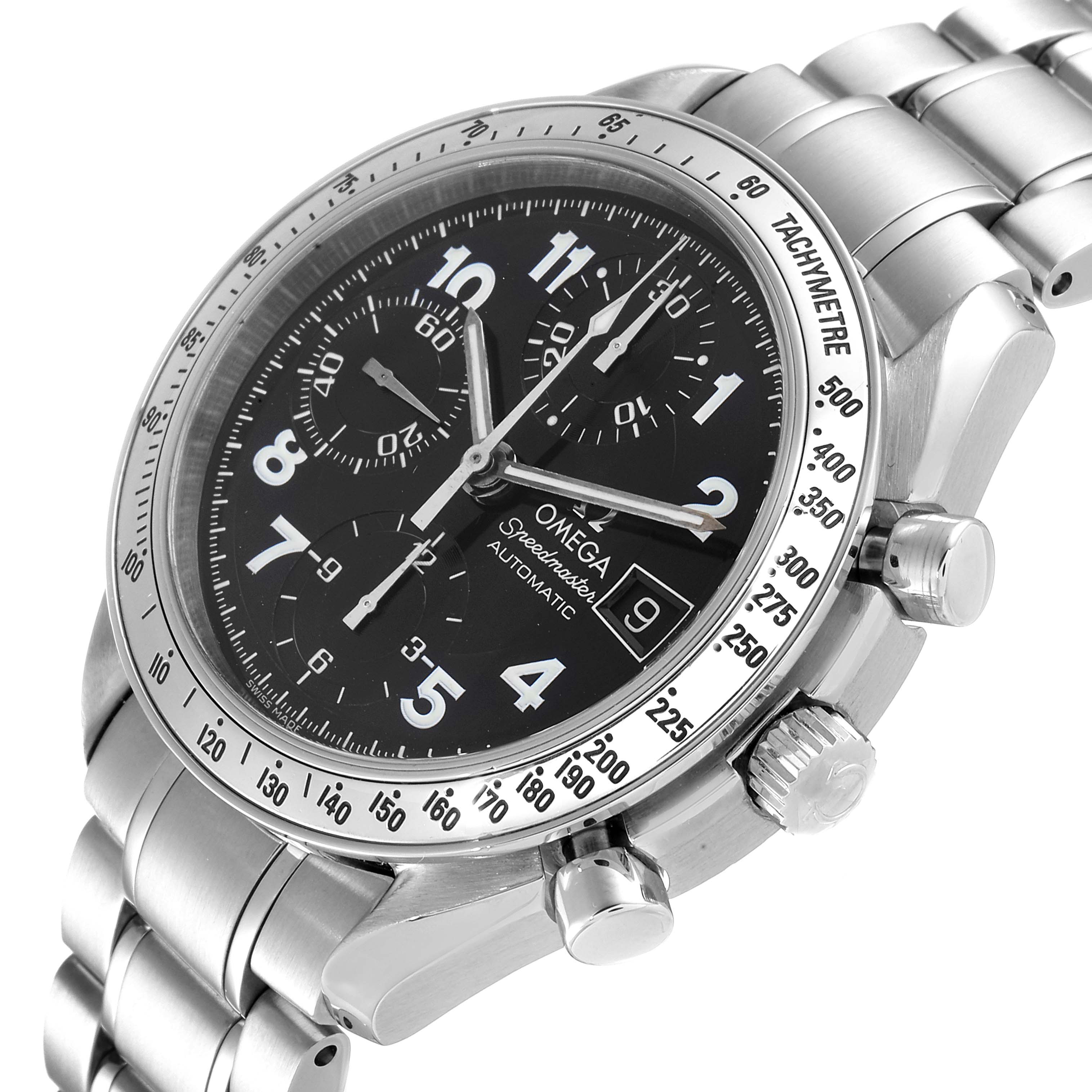 This image shows an Omega Speedmaster 3513.52.00 Men's Stainless Steel Black Dial 3513.52.00 Men's Stainless Steel Black Dial watch at an angled close-up, displaying the face, tachymeter bezel, and stainless steel band.