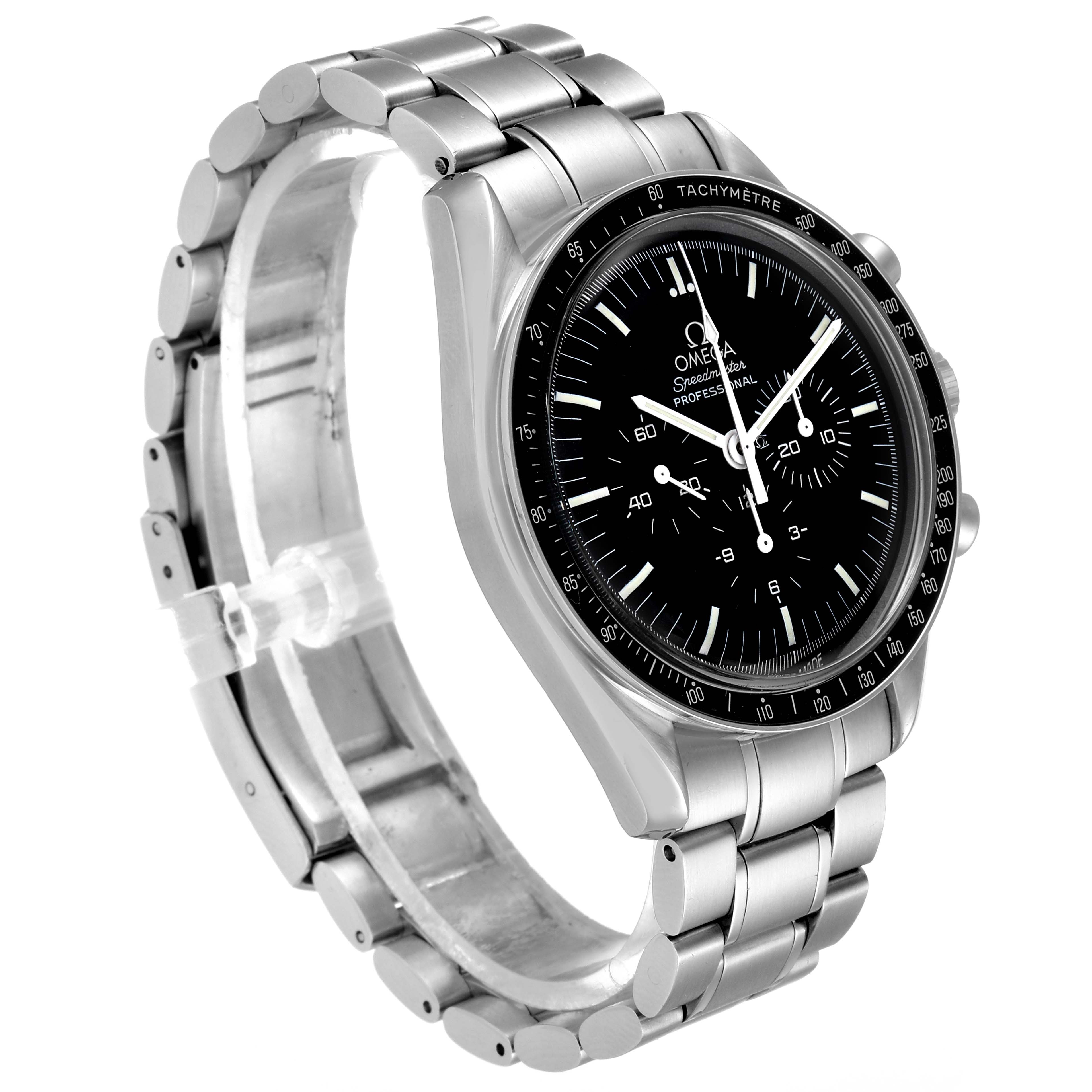 This image shows an Omega Speedmaster 3572.50.00 Men
s Stainless Steel Black Dial 3572.50.00 Men
s Stainless Steel Black Dial watch at a three-quarter angle highlighting the bezel, dial, and bracelet.