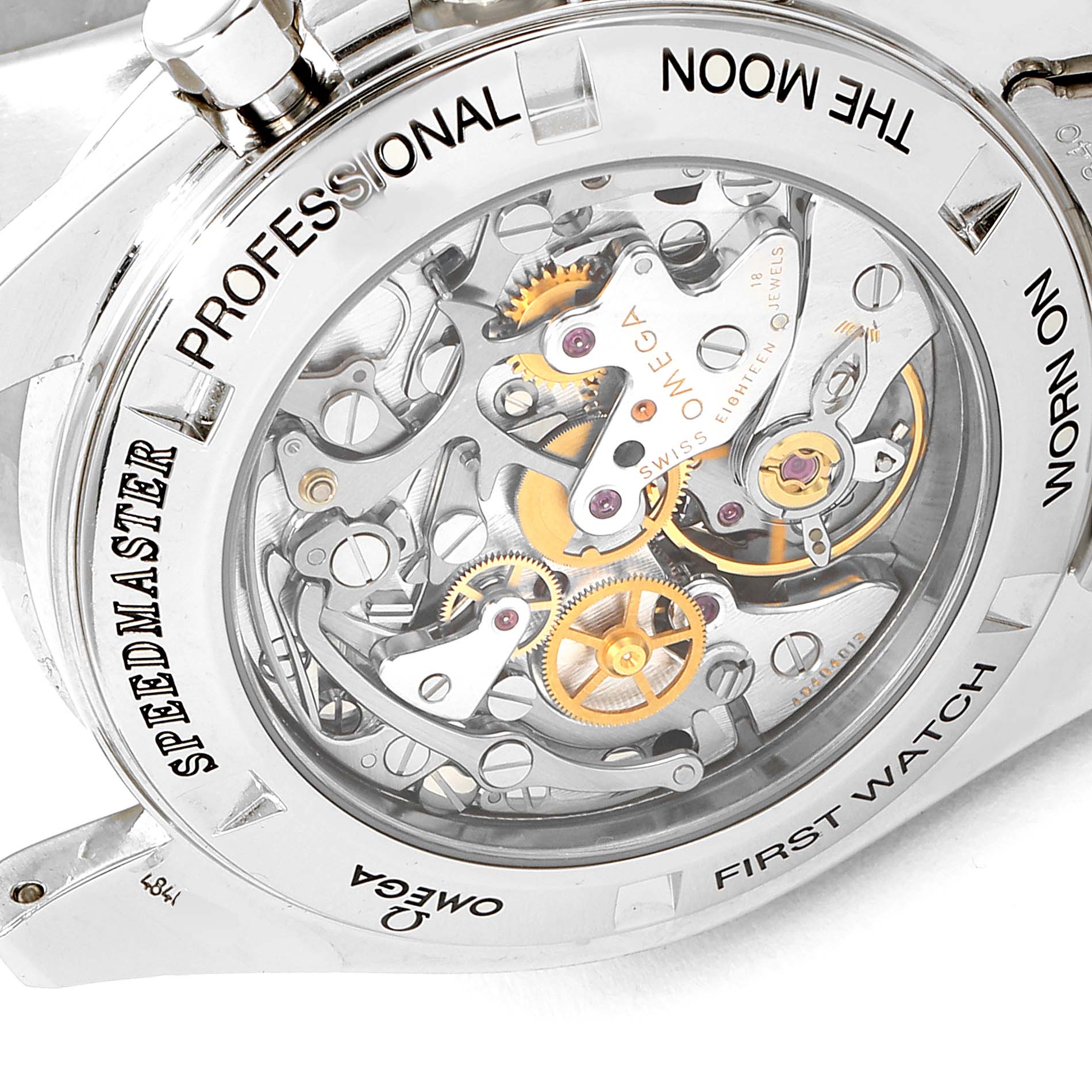 The image displays the case back of the Omega Speedmaster 3572.50.00 Men
s Stainless Steel Black Dial 3572.50.00 Men
s Stainless Steel Black Dial watch, showcasing its intricate inner mechanical movement.