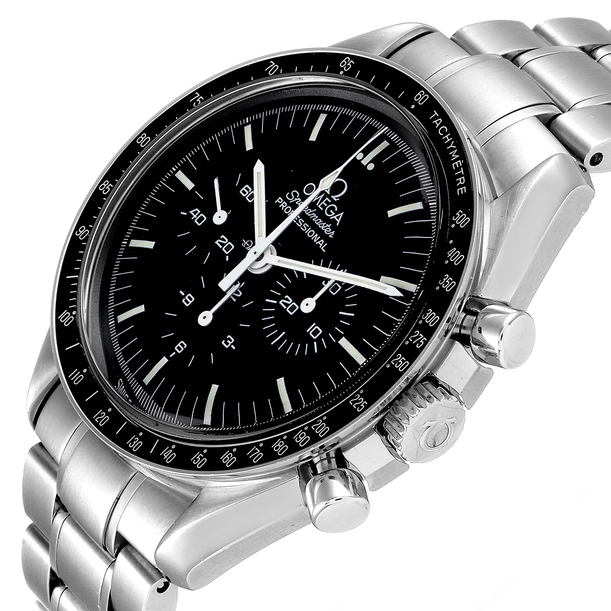 The image shows an angled close-up of the Omega Speedmaster 3572.50.00 Men
s Stainless Steel Black Dial 3572.50.00 Men
s Stainless Steel Black Dial watch, highlighting the face, bezel, crown, pushers, and part of the stainless steel bracelet.