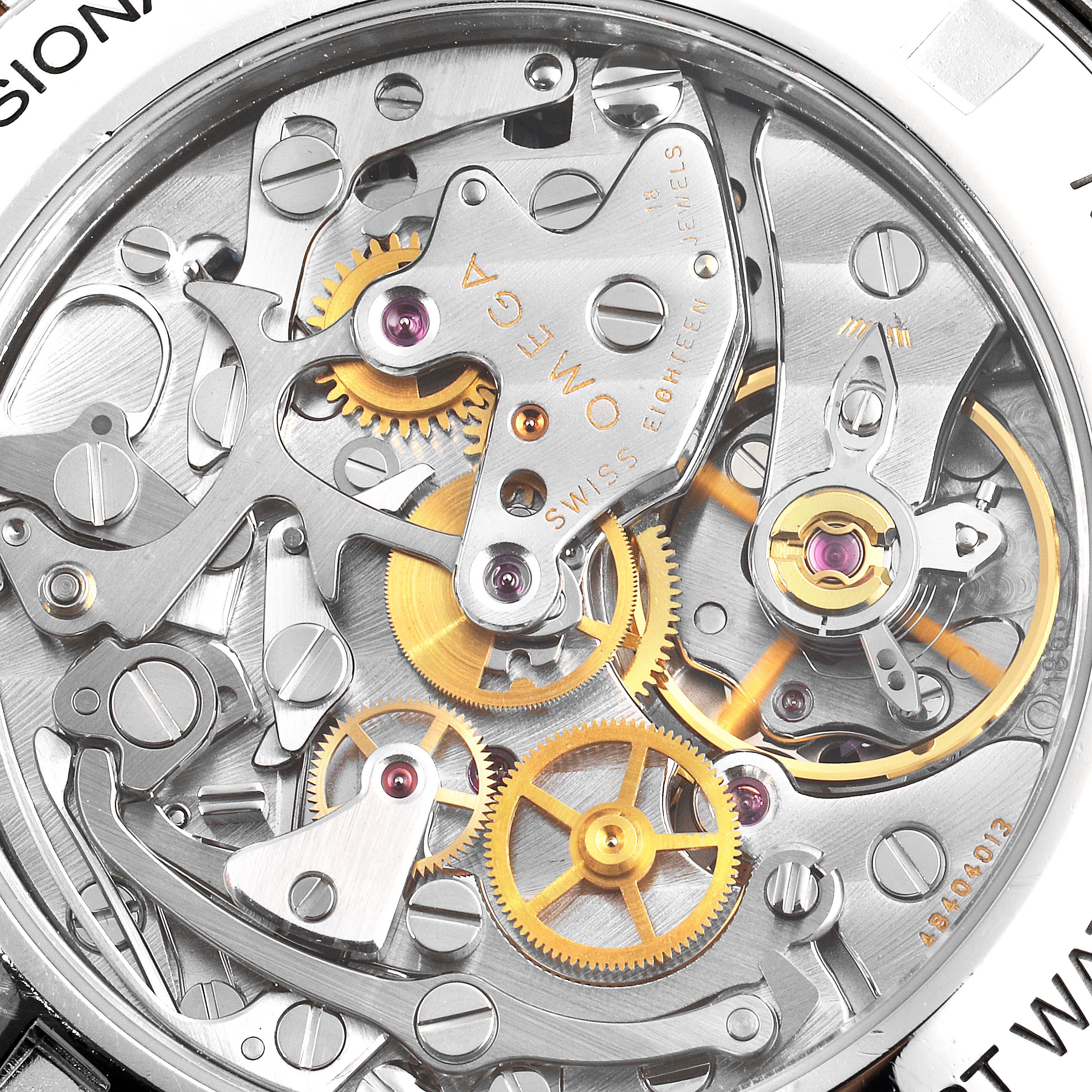 This image shows a close-up view of the Omega Speedmaster 3572.50.00 Men
s Stainless Steel Black Dial 3572.50.00 Men
s Stainless Steel Black Dial
s intricate mechanical movement from the back.