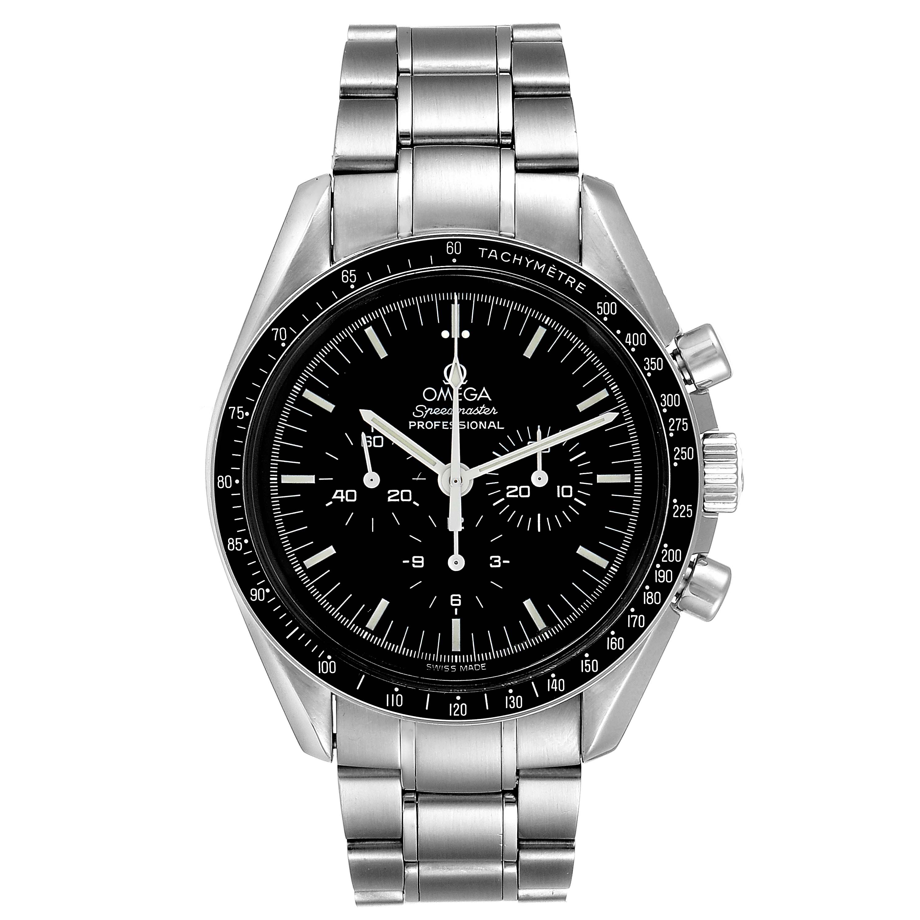 The Omega Speedmaster 3572.50.00 Men
s Stainless Steel Black Dial 3572.50.00 Men
s Stainless Steel Black Dial watch is shown from the front, displaying the dial, bezel, and bracelet.