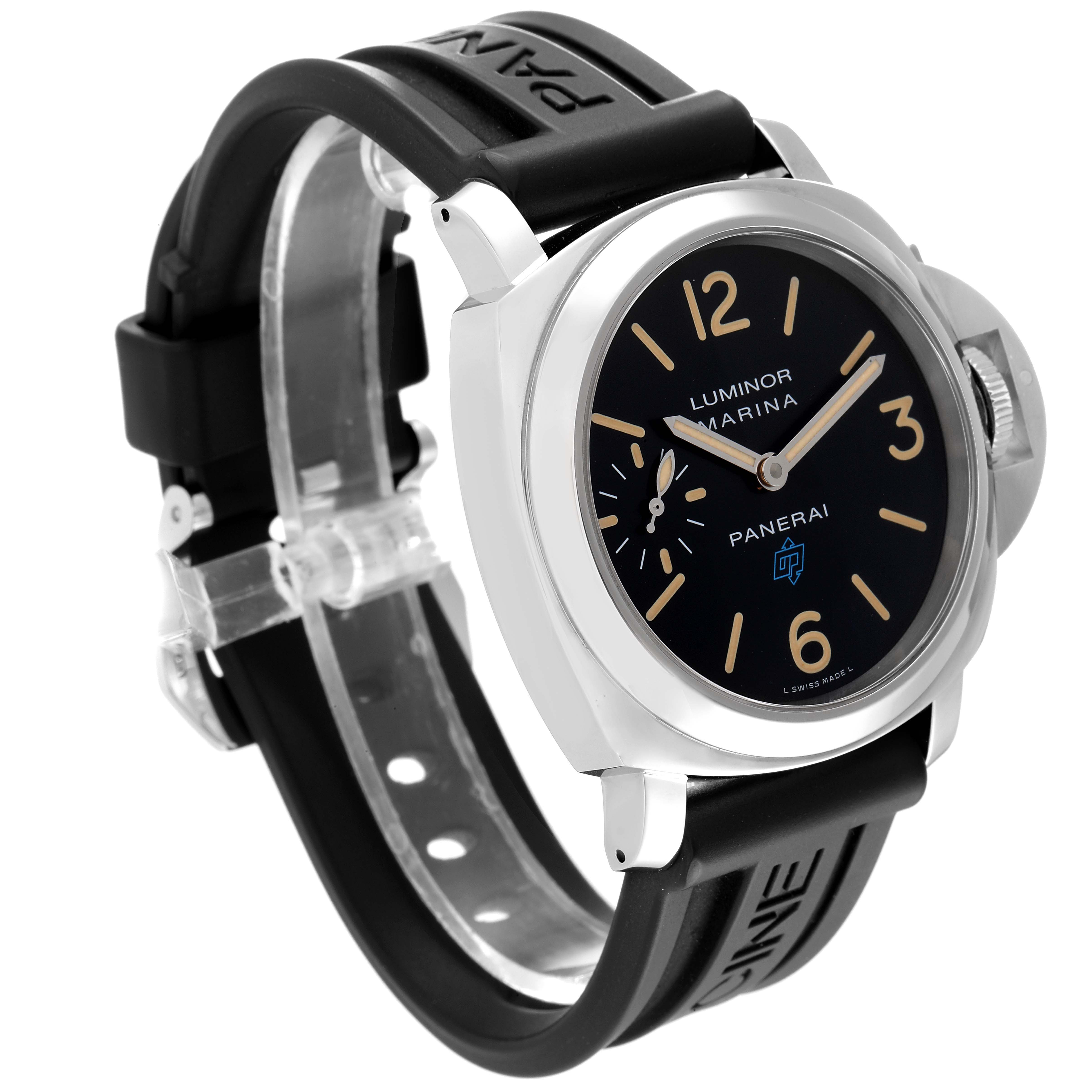 The image shows a front oblique view of the Panerai Luminor PAM00631 Men
s Stainless Steel Black Dial PAM00631 Men
s Stainless Steel Black Dial watch with a black rubber strap and a black dial.