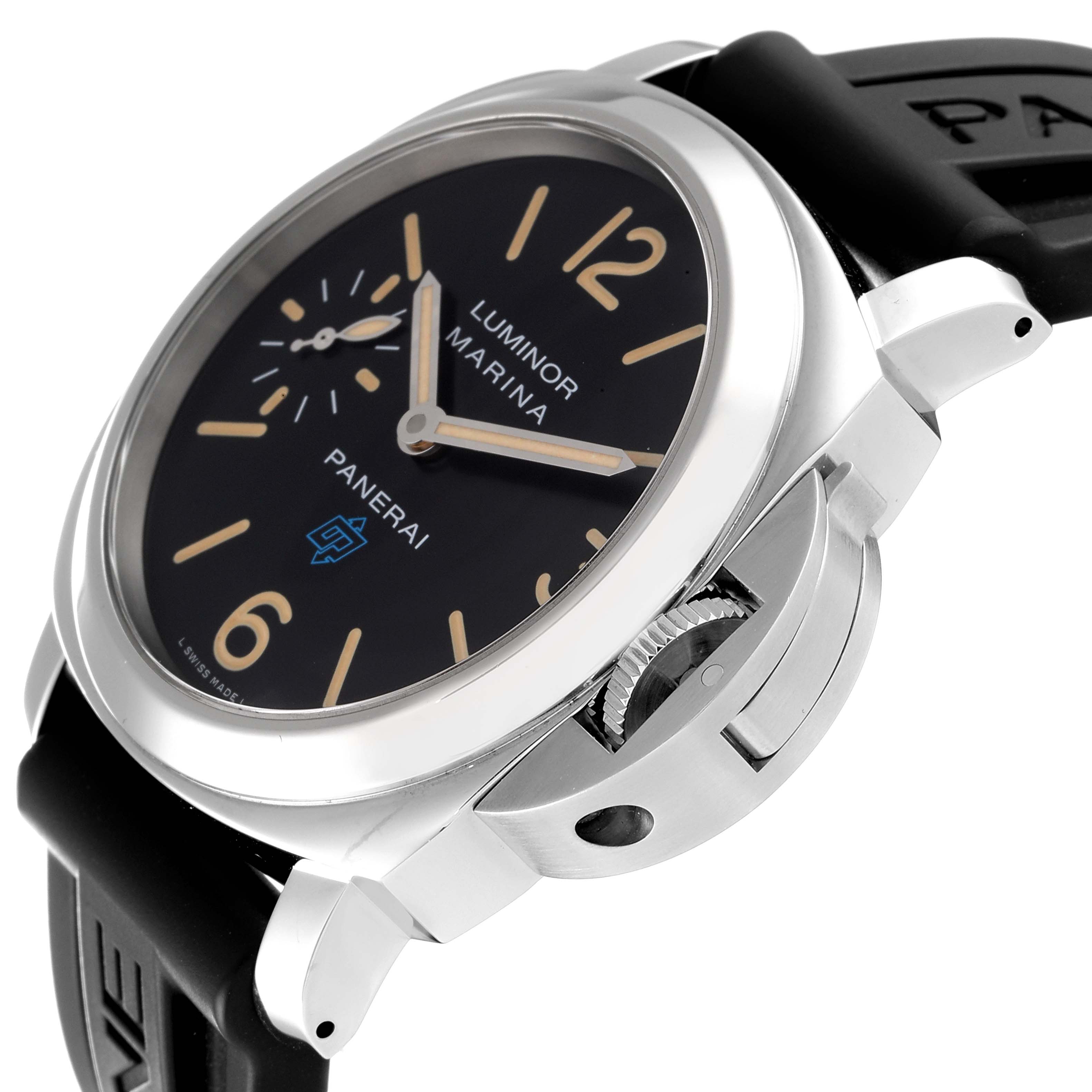 The image shows a side-angle view of a Panerai Luminor PAM00631 Men
s Stainless Steel Black Dial PAM00631 Men
s Stainless Steel Black Dial watch, highlighting its dial, bezel, crown, and rubber strap.