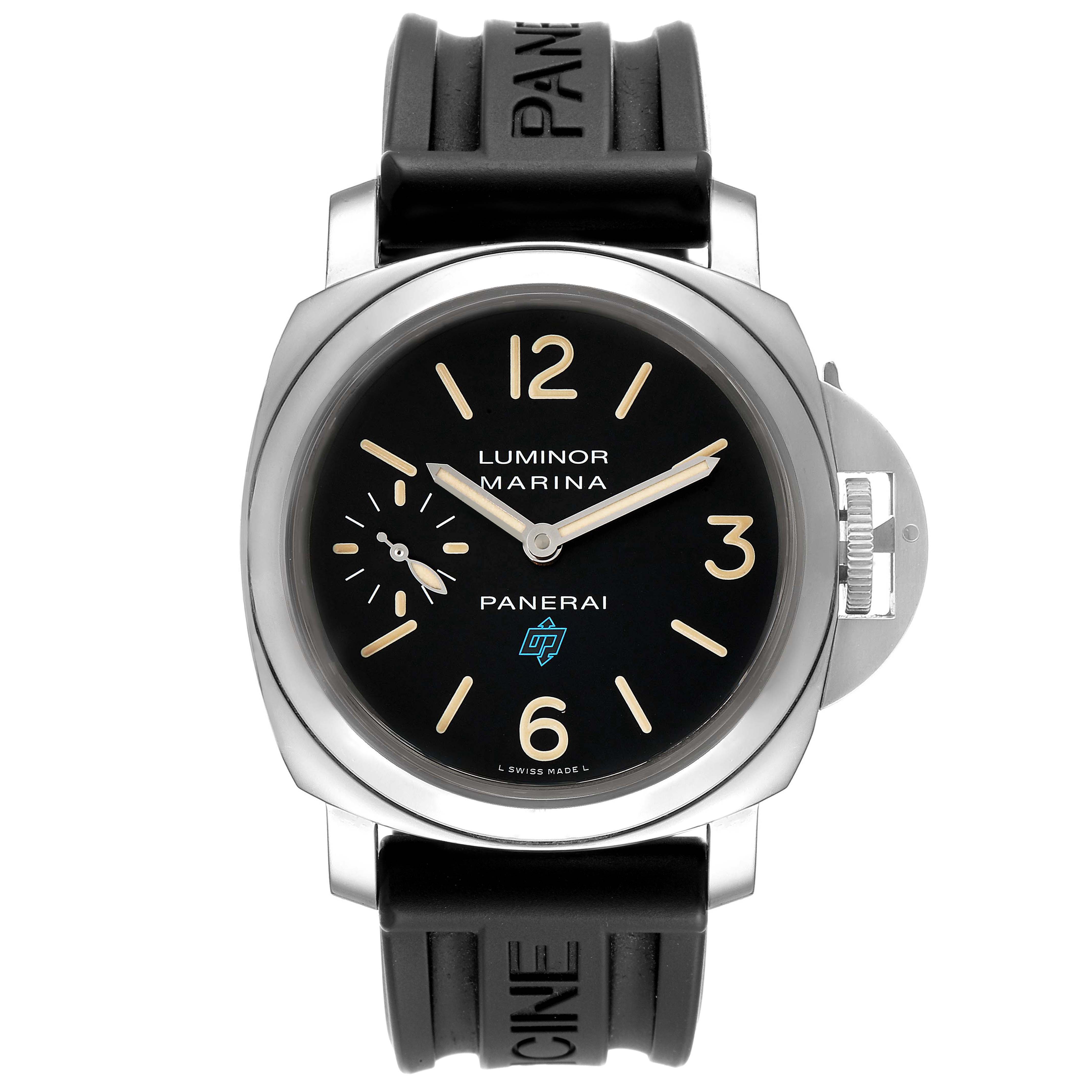 This image shows a front view of the Panerai Luminor PAM00631 Men
s Stainless Steel Black Dial PAM00631 Men
s Stainless Steel Black Dial Marina watch, featuring its dial, case, and strap.