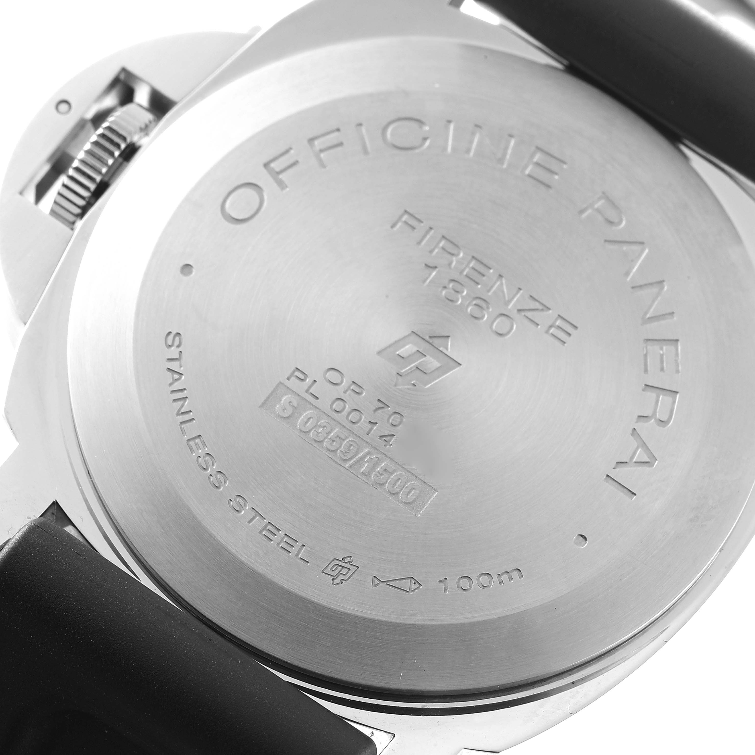 The image shows the back of the Panerai Luminor PAM00631 Men
s Stainless Steel Black Dial PAM00631 Men
s Stainless Steel Black Dial watch, highlighting its engraved details.