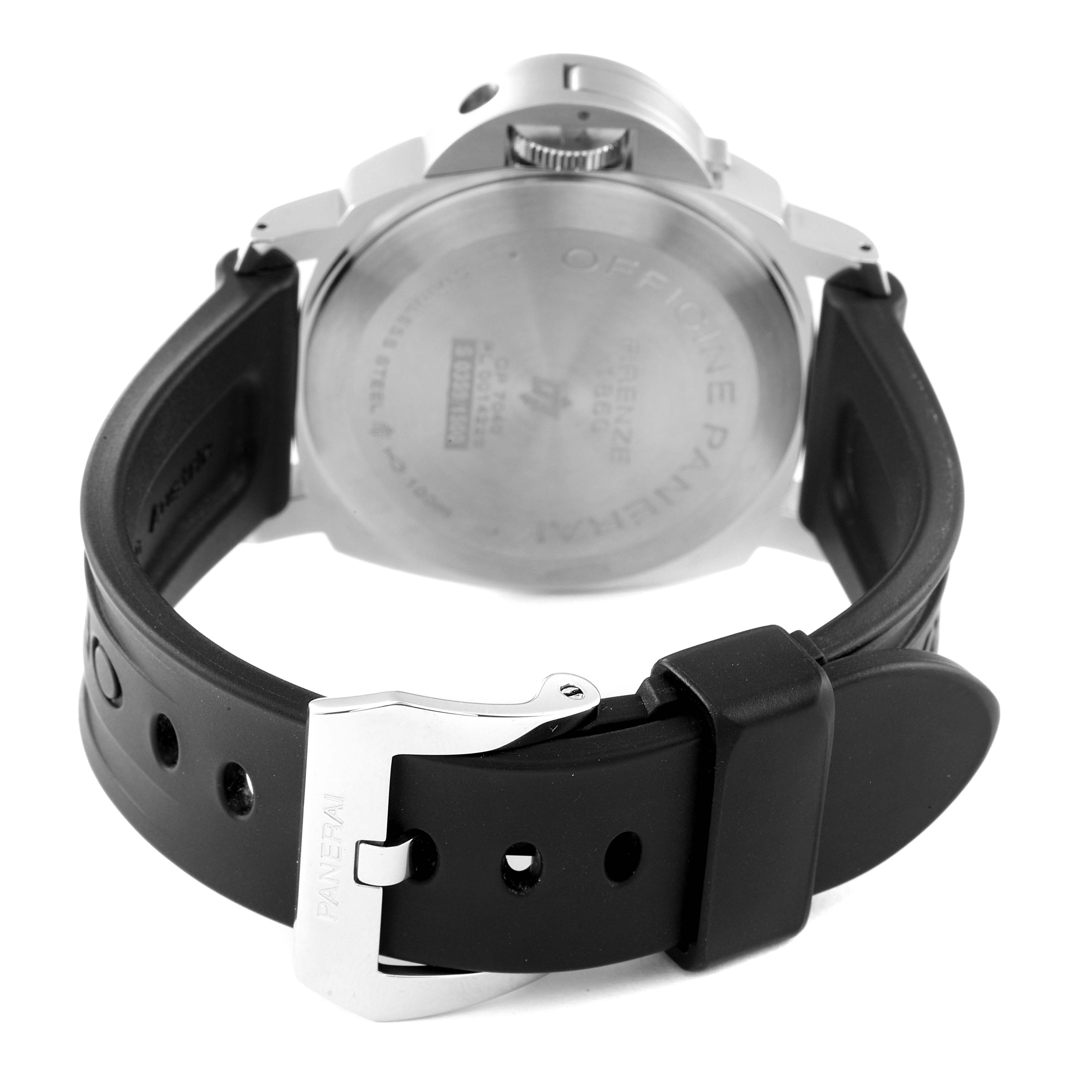 The image shows the back view of a Panerai Luminor PAM00631 Men
s Stainless Steel Black Dial PAM00631 Men
s Stainless Steel Black Dial watch, highlighting the case back and the black rubber strap with a metal buckle.