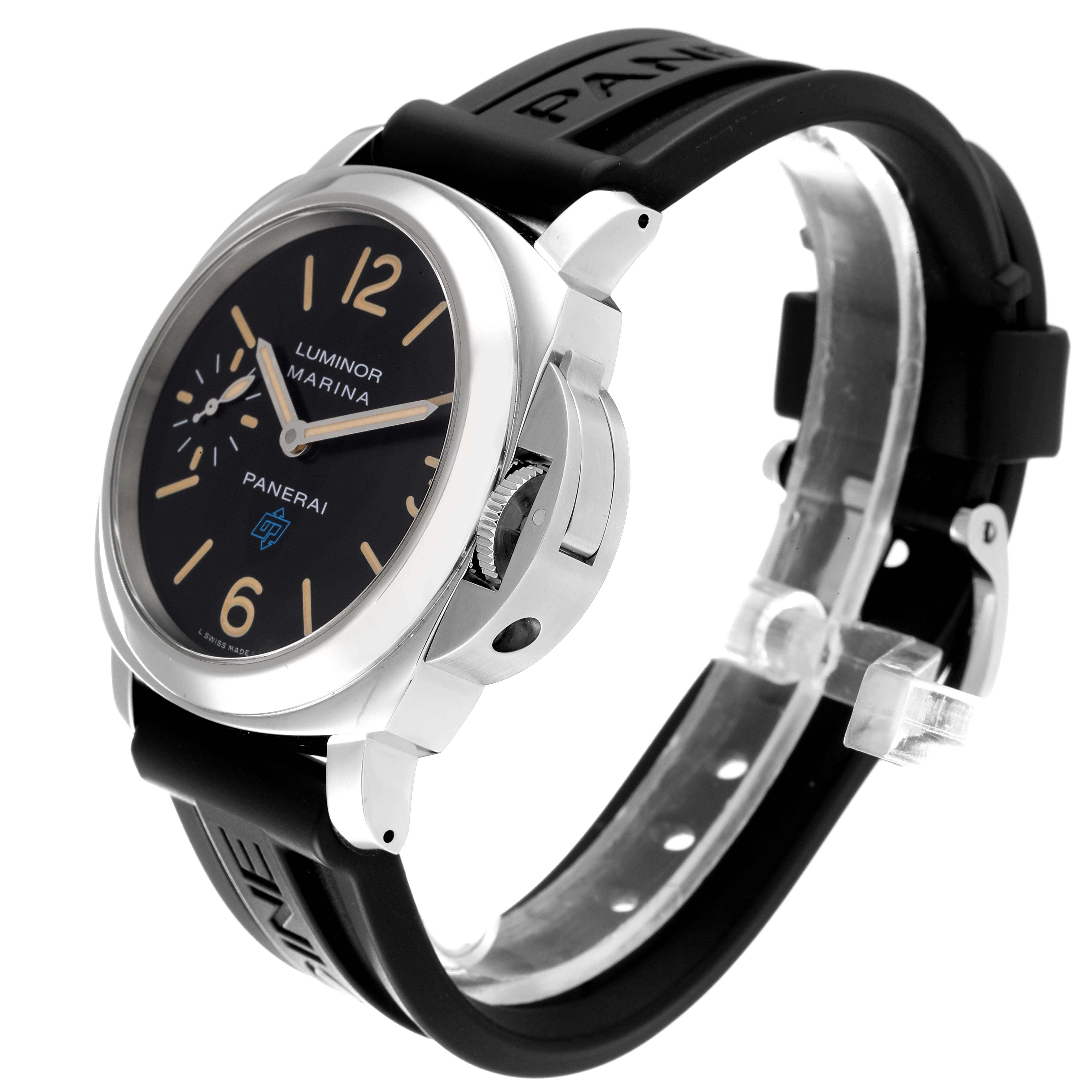 The image shows a side angle view of a Panerai Luminor PAM00631 Men
s Stainless Steel Black Dial PAM00631 Men
s Stainless Steel Black Dial watch, displaying the face, crown, and black strap.