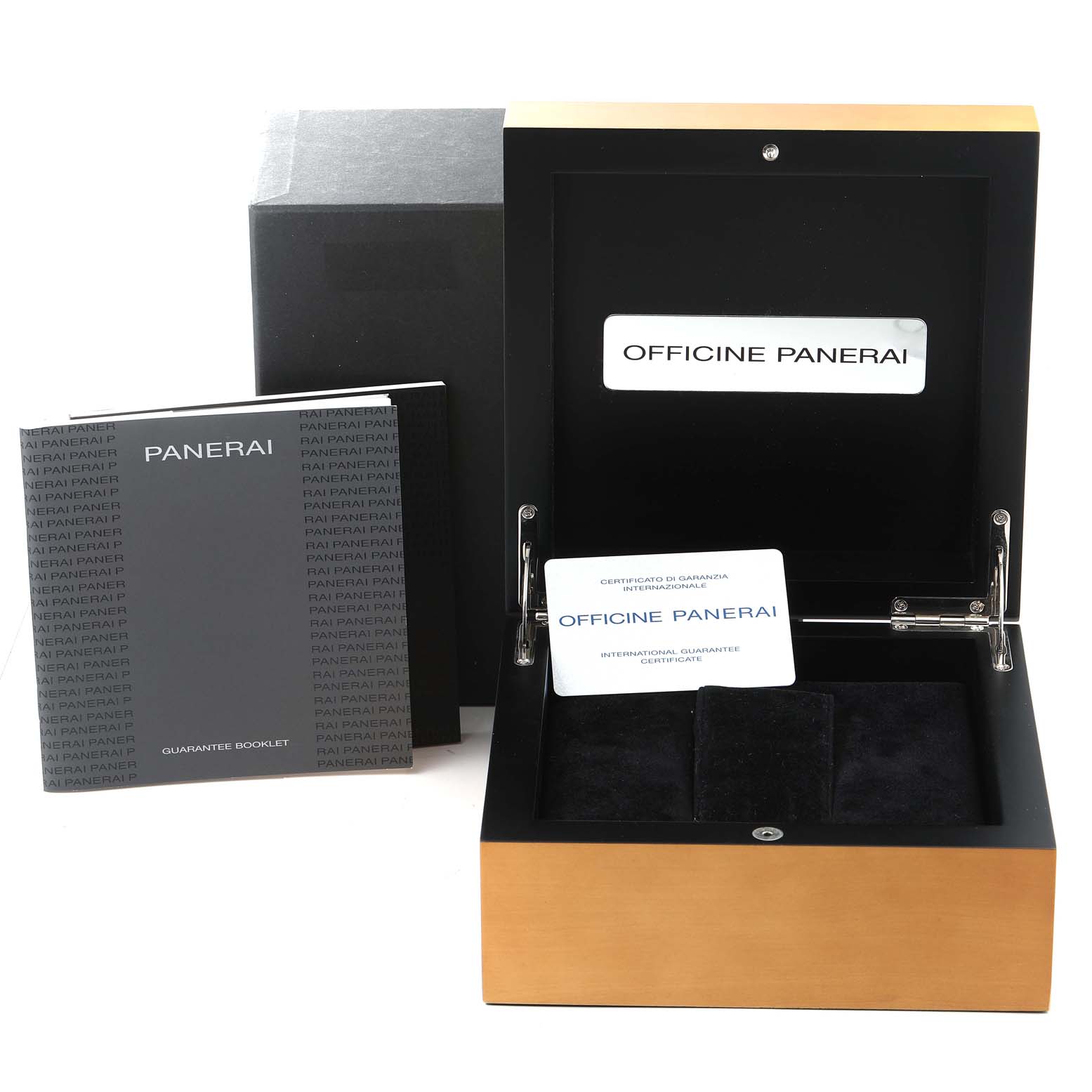 This image shows the open display case, guarantee booklet, and certificate for the Panerai Luminor PAM00631 Men
s Stainless Steel Black Dial PAM00631 Men
s Stainless Steel Black Dial model.