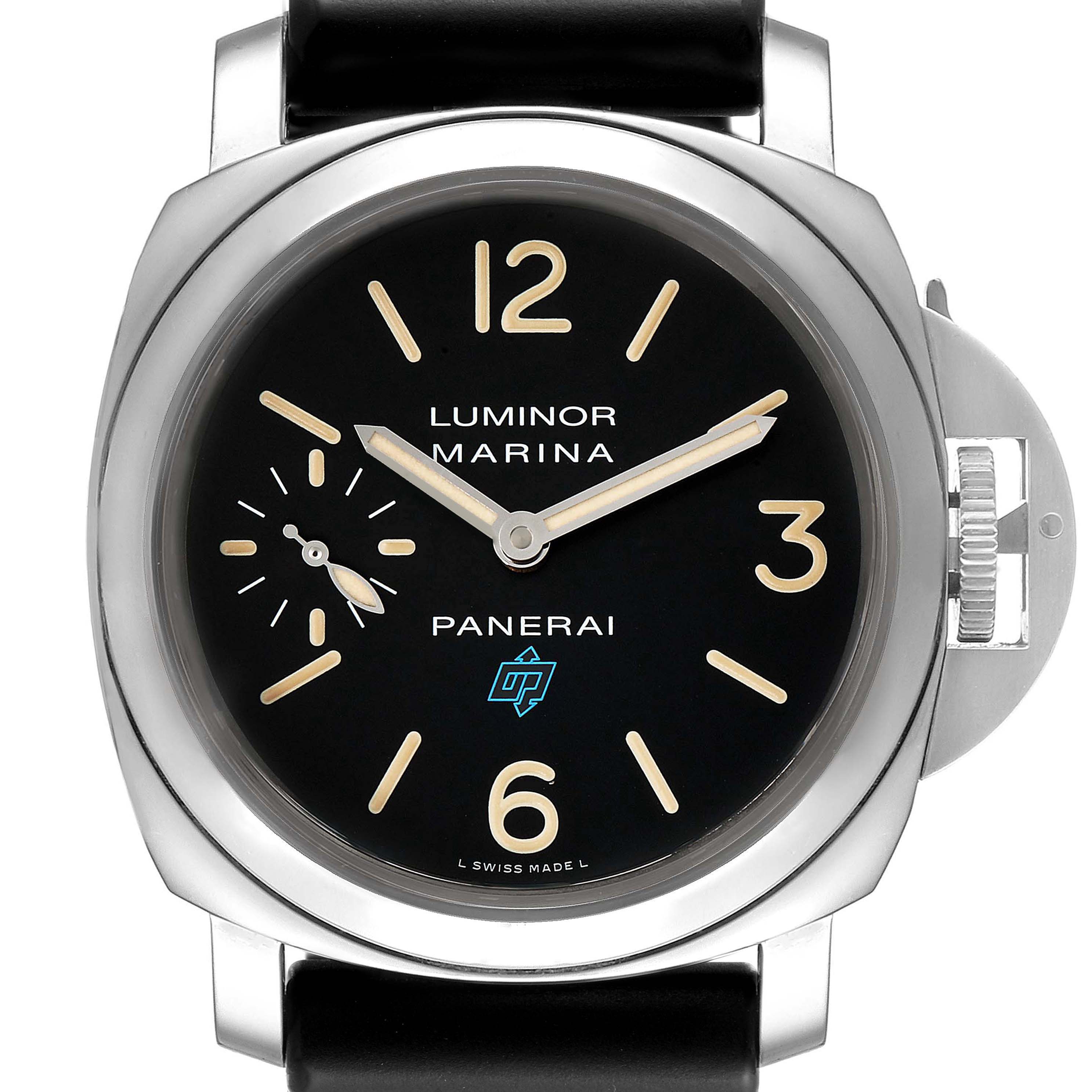 This Panerai Luminor PAM00631 Men
s Stainless Steel Black Dial PAM00631 Men
s Stainless Steel Black Dial watch is shown from a front angle, displaying the black dial, hands, crown guard, and leather strap.