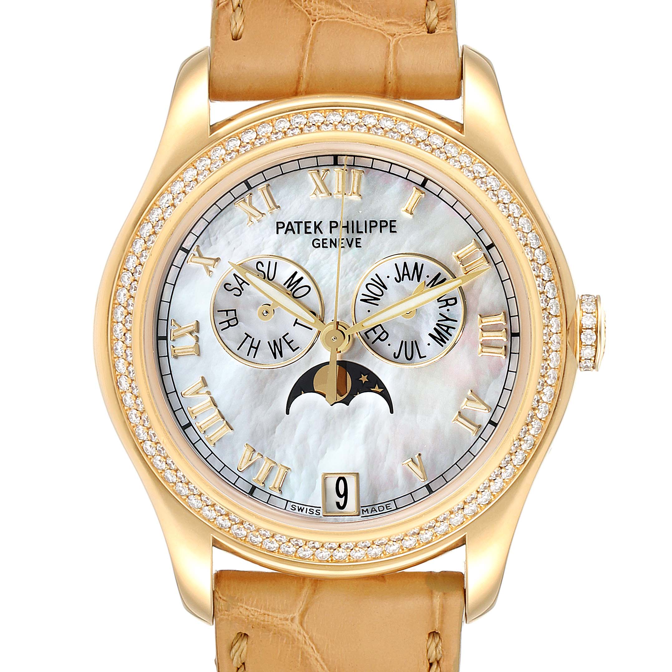 The Patek Philippe 4936J Men's Yellow Gold Mother of Pearl Dial 4936J Men's Yellow Gold Mother of Pearl Dial Annual Calendar Yellow Gold MOP Diamond 4936 watch is shown from the front, displaying the face, bezel, and leather strap.