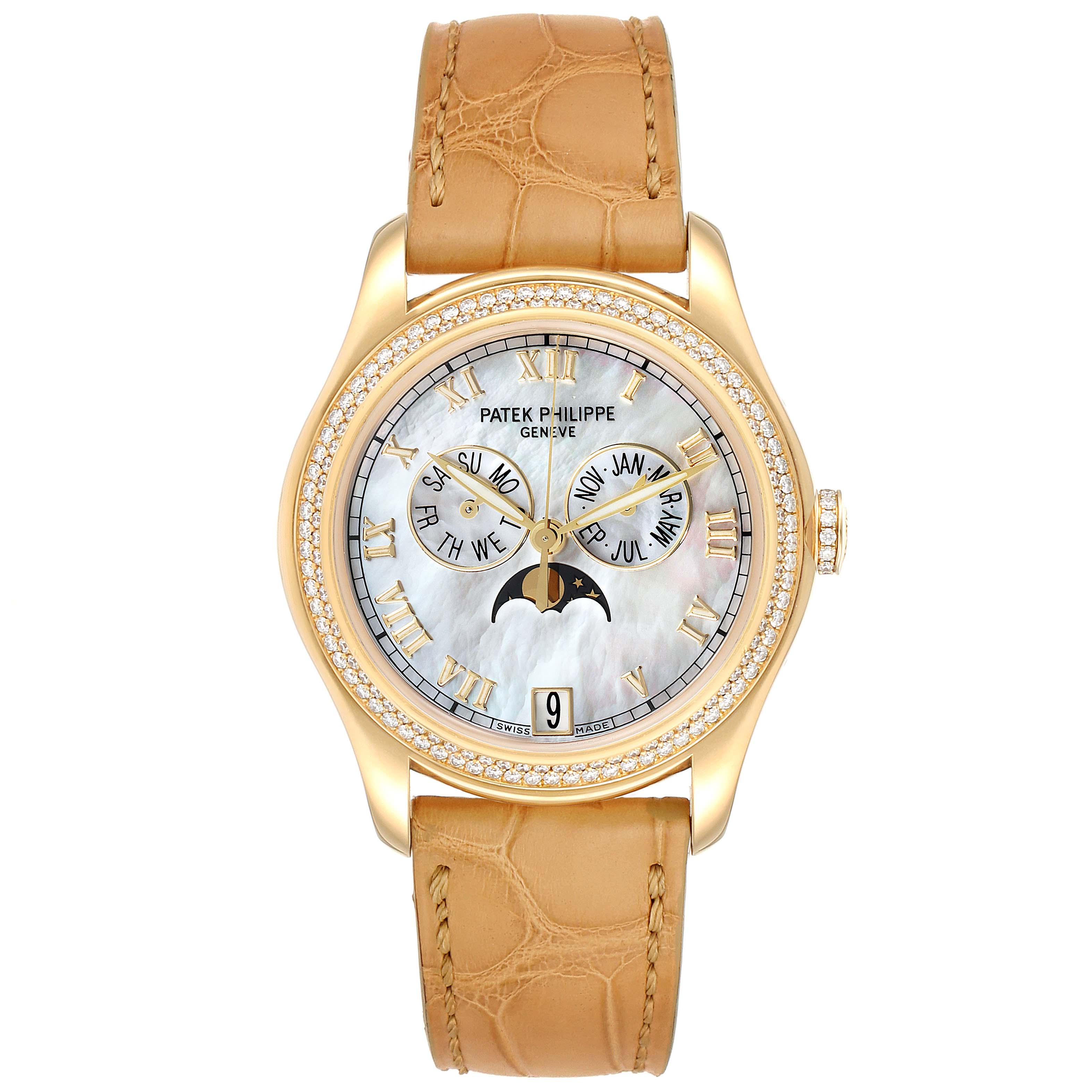 This image shows a front view of the Patek Philippe 4936J Men's Yellow Gold Mother of Pearl Dial 4936J Men's Yellow Gold Mother of Pearl Dial Annual Calendar Yellow Gold MOP Diamond Unisex Watch 4936, highlighting its face and strap.