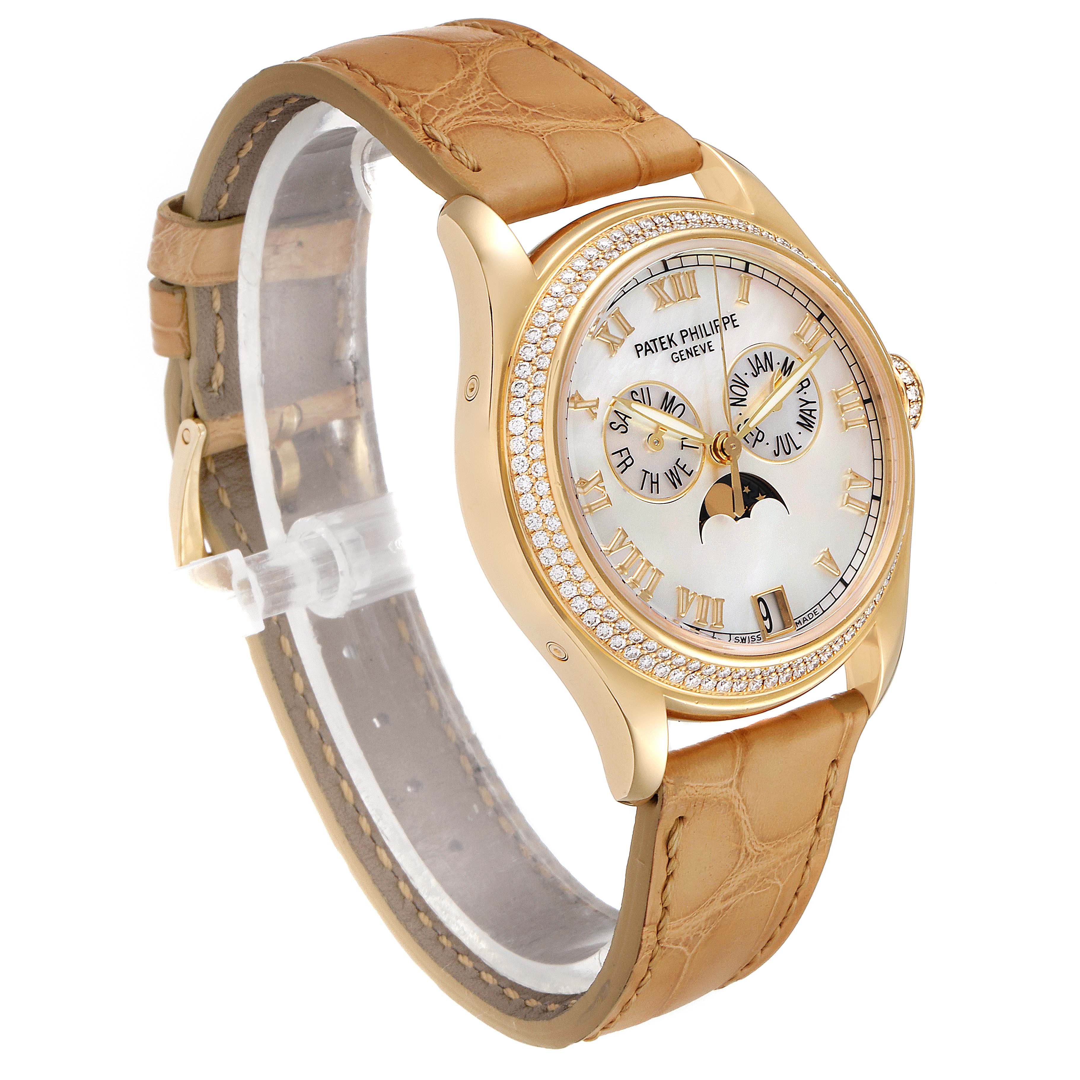 The Patek Philippe 4936J Men's Yellow Gold Mother of Pearl Dial 4936J Men's Yellow Gold Mother of Pearl Dial Annual Calendar Yellow Gold MOP Diamond Unisex Watch 4936 model is shown at an angle highlighting the dial, bezel, and leather strap.