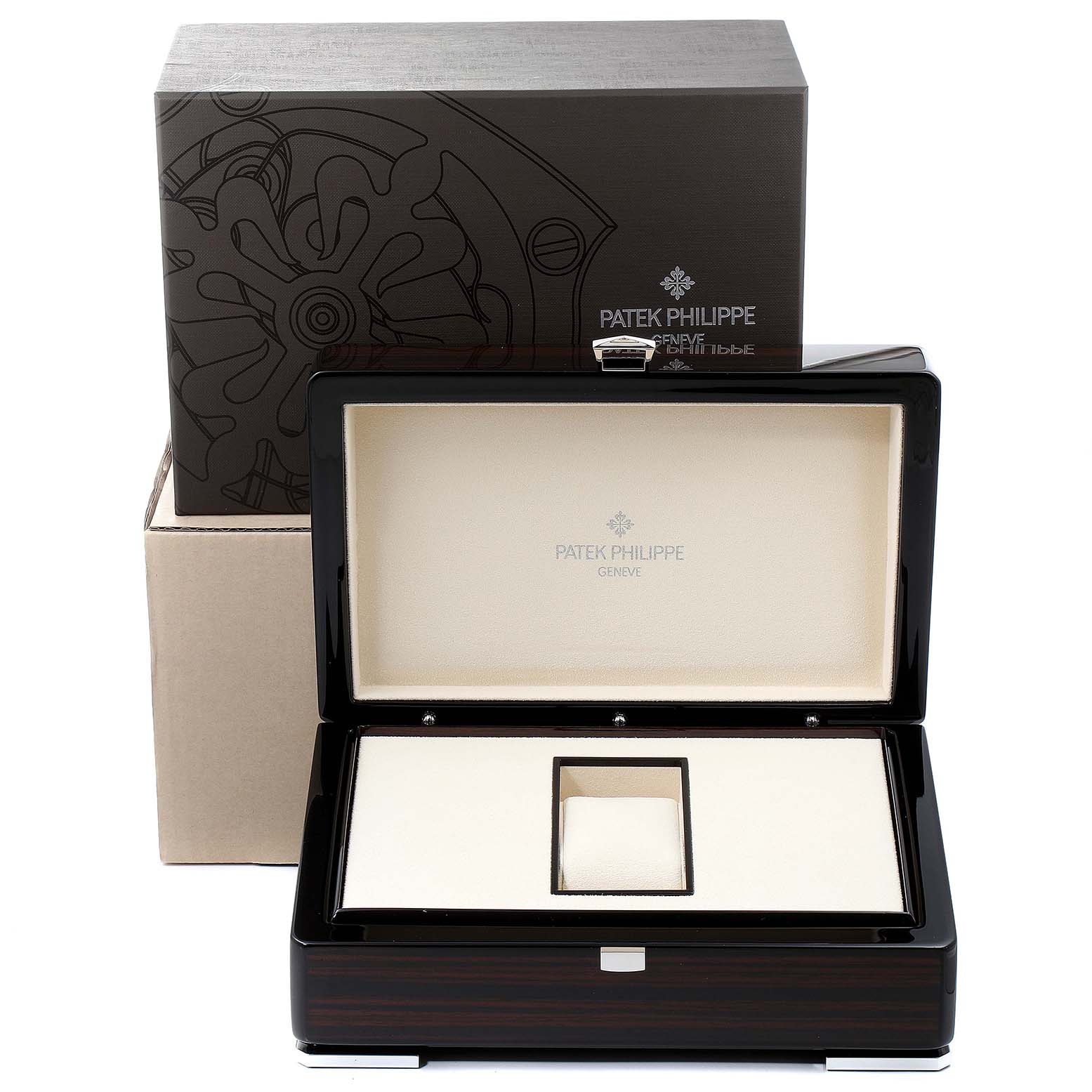 The image shows a Patek Philippe 4936J Men's Yellow Gold Mother of Pearl Dial 4936J Men's Yellow Gold Mother of Pearl Dial Annual Calendar Yellow Gold MOP Diamond Unisex Watch 4936 packaging, emphasizing its box and casing.