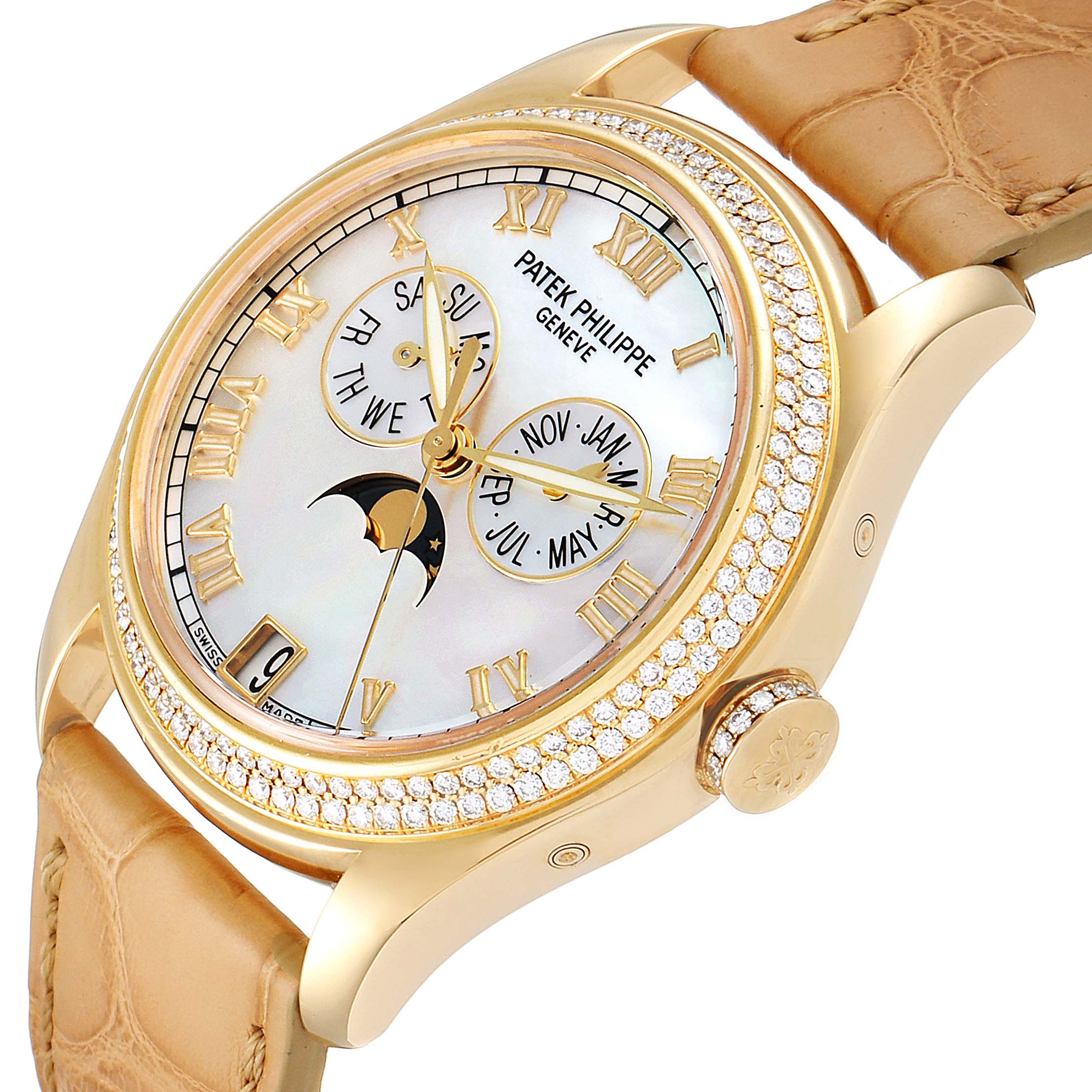 The watch shown is the Patek Philippe 4936J Men's Yellow Gold Mother of Pearl Dial 4936J Men's Yellow Gold Mother of Pearl Dial 4936 Annual Calendar Yellow Gold MOP Diamond Unisex Watch, viewed at a slight angle showing the face and strap.